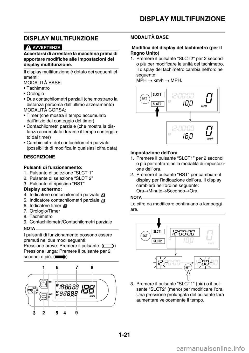 YAMAHA WR 250F 2016 Manuale duso (in Italian) DISPLAY MULTIFUNZIONE
1-21
HAS2GB3044
DISPLAY MULTIFUNZIONEEWA
AVVERTENZA
Accertarsi di arrestare la macchina prima di
apportare modifiche alle impostazioni del
display multifunzione.
Il display mul YAMAHA WR 250F 2016 Manuale duso (in Italian) DISPLAY MULTIFUNZIONE
1-21
HAS2GB3044
DISPLAY MULTIFUNZIONEEWA
AVVERTENZA
Accertarsi di arrestare la macchina prima di
apportare modifiche alle impostazioni del
display multifunzione.
Il display mul