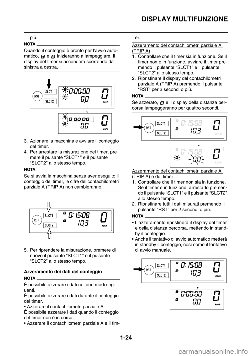 YAMAHA WR 250F 2016 Manuale duso (in Italian) DISPLAY MULTIFUNZIONE
1-24
più.
NOTA
Quando il conteggio è pronto per l’avvio auto-
matico, e inizieranno a lampeggiare. Il
display del timer si accenderà scorrendo da
sinistra a destra.
3. YAMAHA WR 250F 2016 Manuale duso (in Italian) DISPLAY MULTIFUNZIONE
1-24
più.
NOTA
Quando il conteggio è pronto per l’avvio auto-
matico, e inizieranno a lampeggiare. Il
display del timer si accenderà scorrendo da
sinistra a destra.
3.