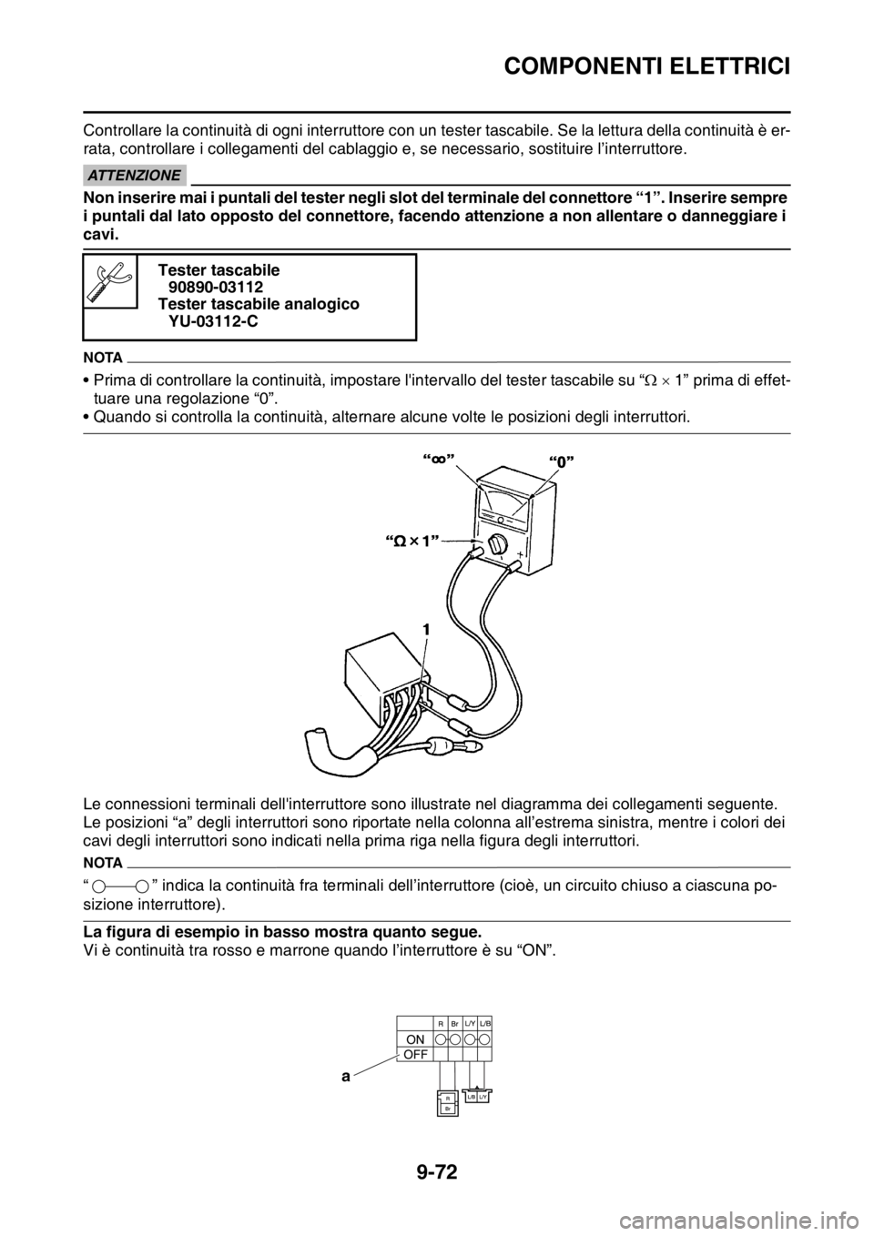 YAMAHA WR 250F 2016 Manuale duso (in Italian) COMPONENTI ELETTRICI
9-72
Controllare la continuità di ogni interruttore con un tester tascabile. Se la lettura della continuità è er-
rata, controllare i collegamenti del cablaggio e, se necessari YAMAHA WR 250F 2016 Manuale duso (in Italian) COMPONENTI ELETTRICI
9-72
Controllare la continuità di ogni interruttore con un tester tascabile. Se la lettura della continuità è er-
rata, controllare i collegamenti del cablaggio e, se necessari