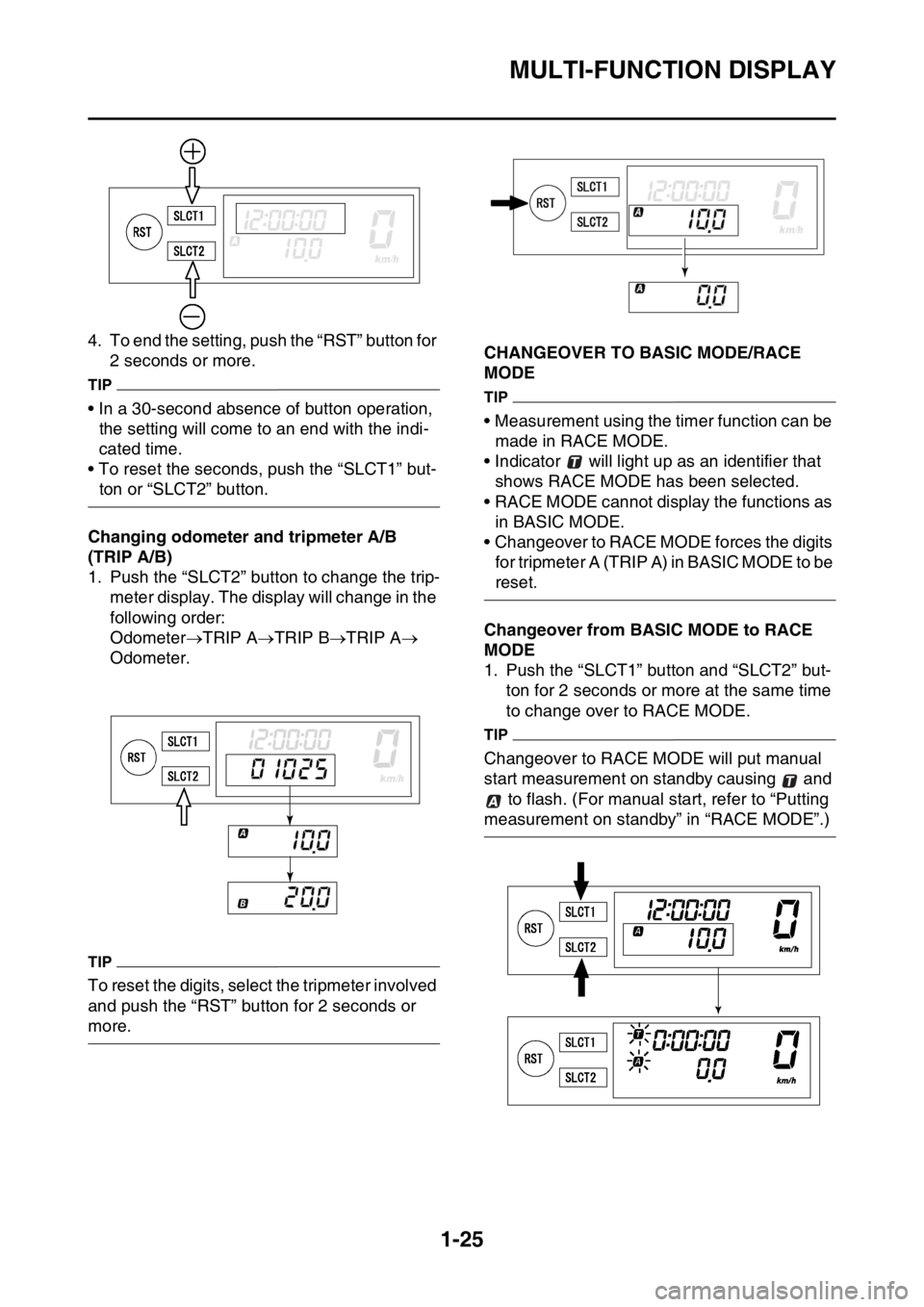 YAMAHA WR 250F 2015 Owners Guide MULTI-FUNCTION DISPLAY
1-25
4. To end the setting, push the “RST” button for
2 seconds or more.
TIP
• In a 30-second absence of button operation,
the setting will come to an end with the indi- YAMAHA WR 250F 2015 Owners Guide MULTI-FUNCTION DISPLAY
1-25
4. To end the setting, push the “RST” button for
2 seconds or more.
TIP
• In a 30-second absence of button operation,
the setting will come to an end with the indi-