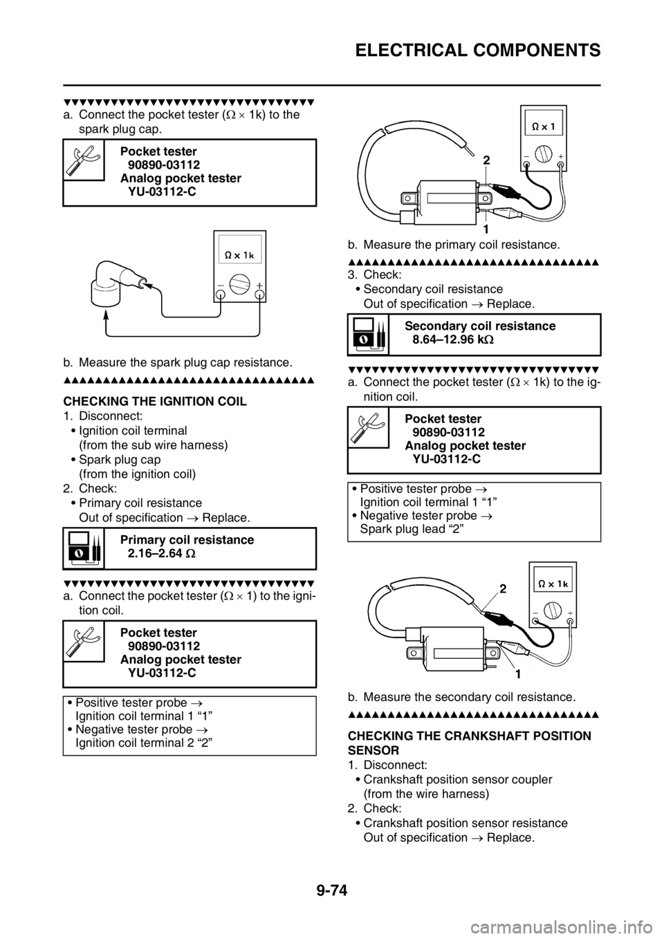 YAMAHA WR 250F 2015 Owners Manual ELECTRICAL COMPONENTS
9-74
▼▼▼▼▼▼▼▼▼▼▼▼▼▼▼▼▼▼▼▼▼▼▼▼▼▼▼▼▼▼▼▼
a. Connect the pocket tester ( 1k) to the
spark plug cap.
b. Measure YAMAHA WR 250F 2015 Owners Manual ELECTRICAL COMPONENTS
9-74
▼▼▼▼▼▼▼▼▼▼▼▼▼▼▼▼▼▼▼▼▼▼▼▼▼▼▼▼▼▼▼▼
a. Connect the pocket tester ( 1k) to the
spark plug cap.
b. Measure
