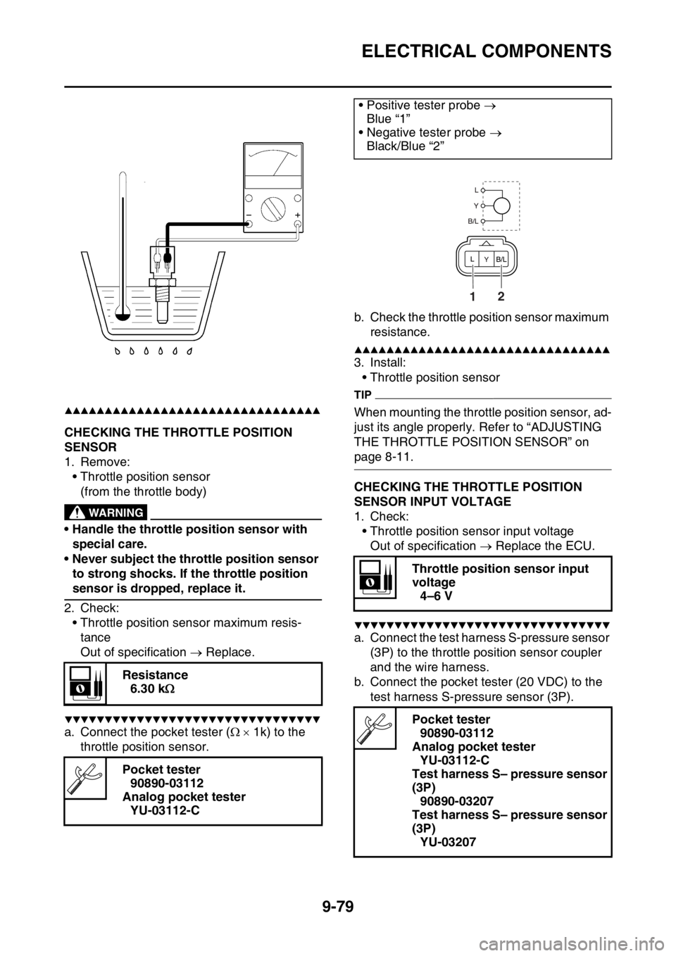 YAMAHA WR 250F 2015 Repair Manual ELECTRICAL COMPONENTS
9-79
▲▲▲▲▲▲▲▲▲▲▲▲▲▲▲▲▲▲▲▲▲▲▲▲▲▲▲▲▲▲▲▲
EAS2GB2402CHECKING THE THROTTLE POSITION
SENSOR
1. Remove:
• Throttle pos YAMAHA WR 250F 2015 Repair Manual ELECTRICAL COMPONENTS
9-79
▲▲▲▲▲▲▲▲▲▲▲▲▲▲▲▲▲▲▲▲▲▲▲▲▲▲▲▲▲▲▲▲
EAS2GB2402CHECKING THE THROTTLE POSITION
SENSOR
1. Remove:
• Throttle pos