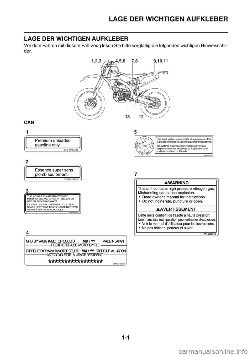 YAMAHA WR 250F 2015 Betriebsanleitungen (in German) LAGE DER WICHTIGEN AUFKLEBER
1-1
GAS2GB3008
LAGE DER WICHTIGEN AUFKLEBER
Vor dem Fahren mit diesem Fahrzeug lesen Sie bitte sorgfältig die folgenden wichtigen Hinweisschil-
der.
CAN
9,10,11 7,8
13
12 YAMAHA WR 250F 2015 Betriebsanleitungen (in German) LAGE DER WICHTIGEN AUFKLEBER
1-1
GAS2GB3008
LAGE DER WICHTIGEN AUFKLEBER
Vor dem Fahren mit diesem Fahrzeug lesen Sie bitte sorgfältig die folgenden wichtigen Hinweisschil-
der.
CAN
9,10,11 7,8
13
12