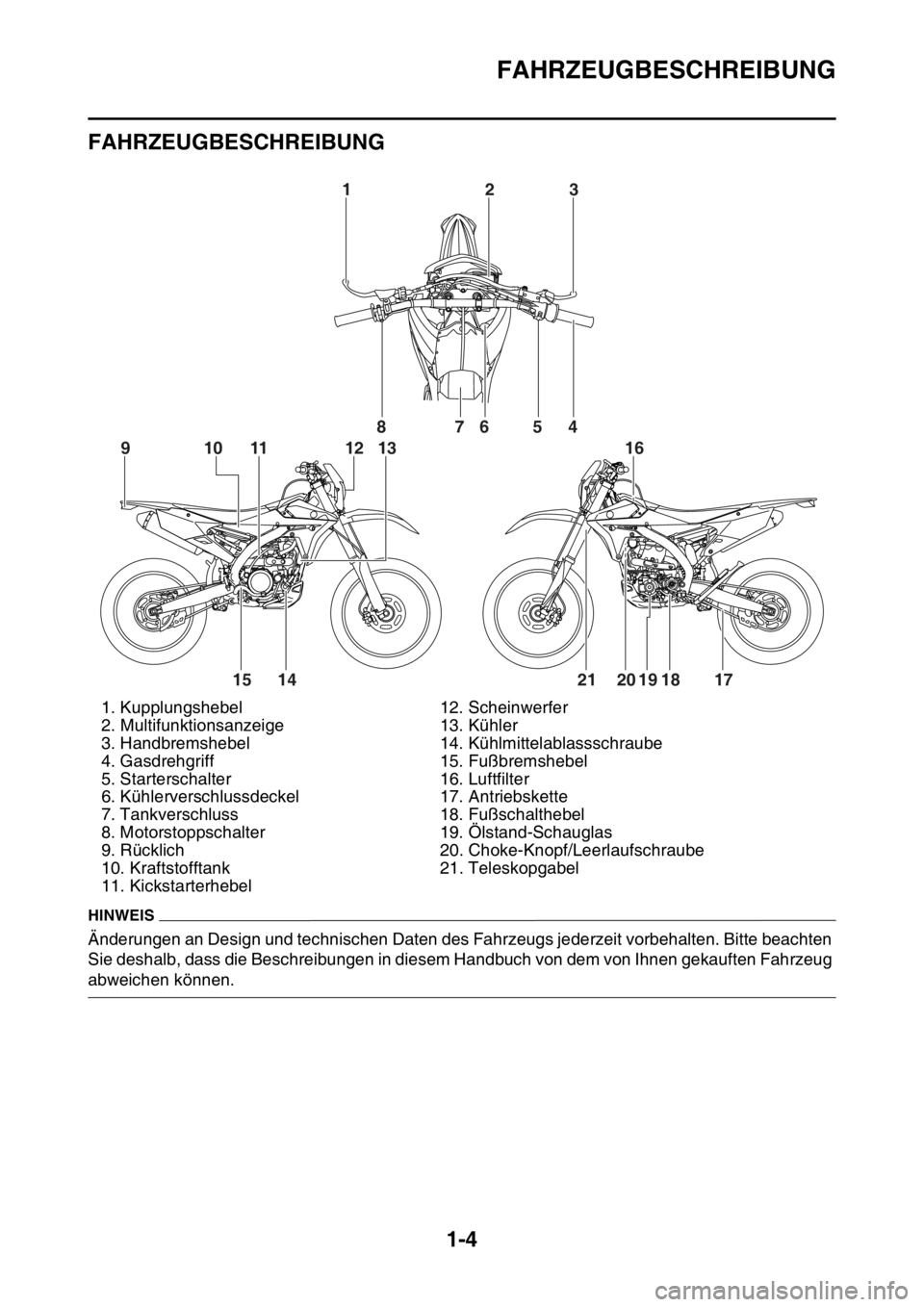 YAMAHA WR 250F 2015 Betriebsanleitungen (in German) FAHRZEUGBESCHREIBUNG
1-4
GAS2GB3009
FAHRZEUGBESCHREIBUNG
HINWEIS
Änderungen an Design und technischen Daten des Fahrzeugs jederzeit vorbehalten. Bitte beachten
Sie deshalb, dass die Beschreibungen i YAMAHA WR 250F 2015 Betriebsanleitungen (in German) FAHRZEUGBESCHREIBUNG
1-4
GAS2GB3009
FAHRZEUGBESCHREIBUNG
HINWEIS
Änderungen an Design und technischen Daten des Fahrzeugs jederzeit vorbehalten. Bitte beachten
Sie deshalb, dass die Beschreibungen i