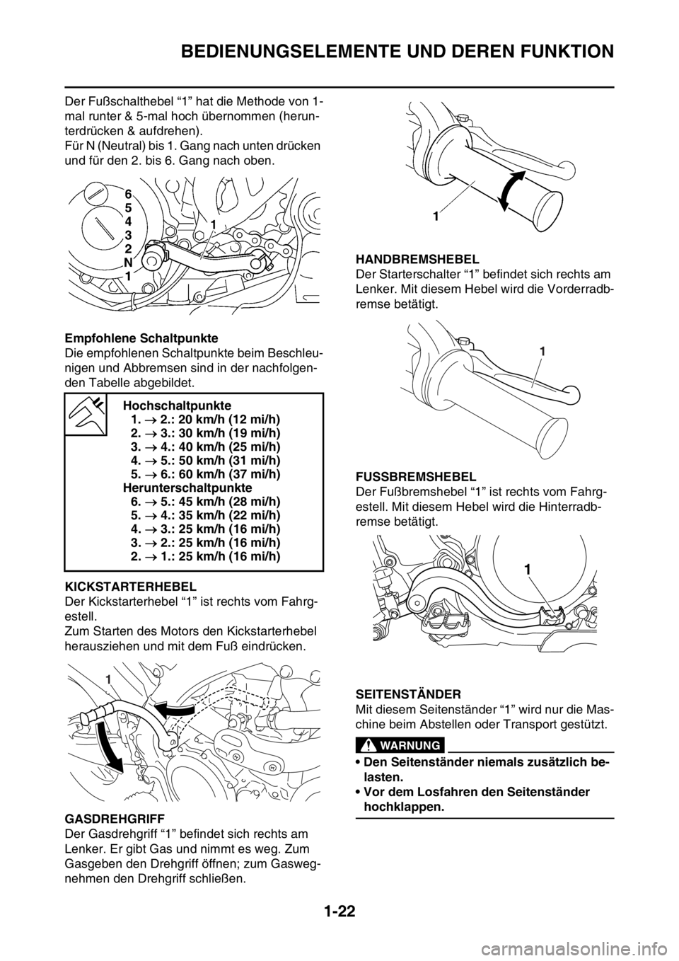 YAMAHA WR 250F 2015 Betriebsanleitungen (in German) BEDIENUNGSELEMENTE UND DEREN FUNKTION
1-22
Der Fußschalthebel “1” hat die Methode von 1-
mal runter & 5-mal hoch übernommen (herun-
terdrücken & aufdrehen).
Für N (Neutral) bis 1. Gang nach un YAMAHA WR 250F 2015 Betriebsanleitungen (in German) BEDIENUNGSELEMENTE UND DEREN FUNKTION
1-22
Der Fußschalthebel “1” hat die Methode von 1-
mal runter & 5-mal hoch übernommen (herun-
terdrücken & aufdrehen).
Für N (Neutral) bis 1. Gang nach un