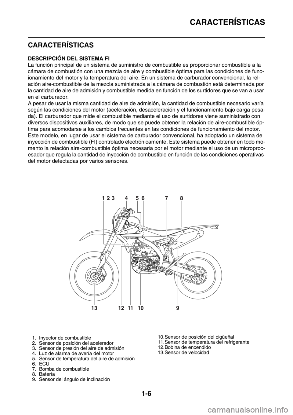 YAMAHA WR 250F 2015  Manuale de Empleo (in Spanish) CARACTERÍSTICAS
1-6
SAS20170
CARACTERÍSTICASSAS2GB3014
DESCRIPCIÓN DEL SISTEMA FI
La función principal de un sistema de suministro de combustible es proporcionar combustible a la 
cámara de combu
