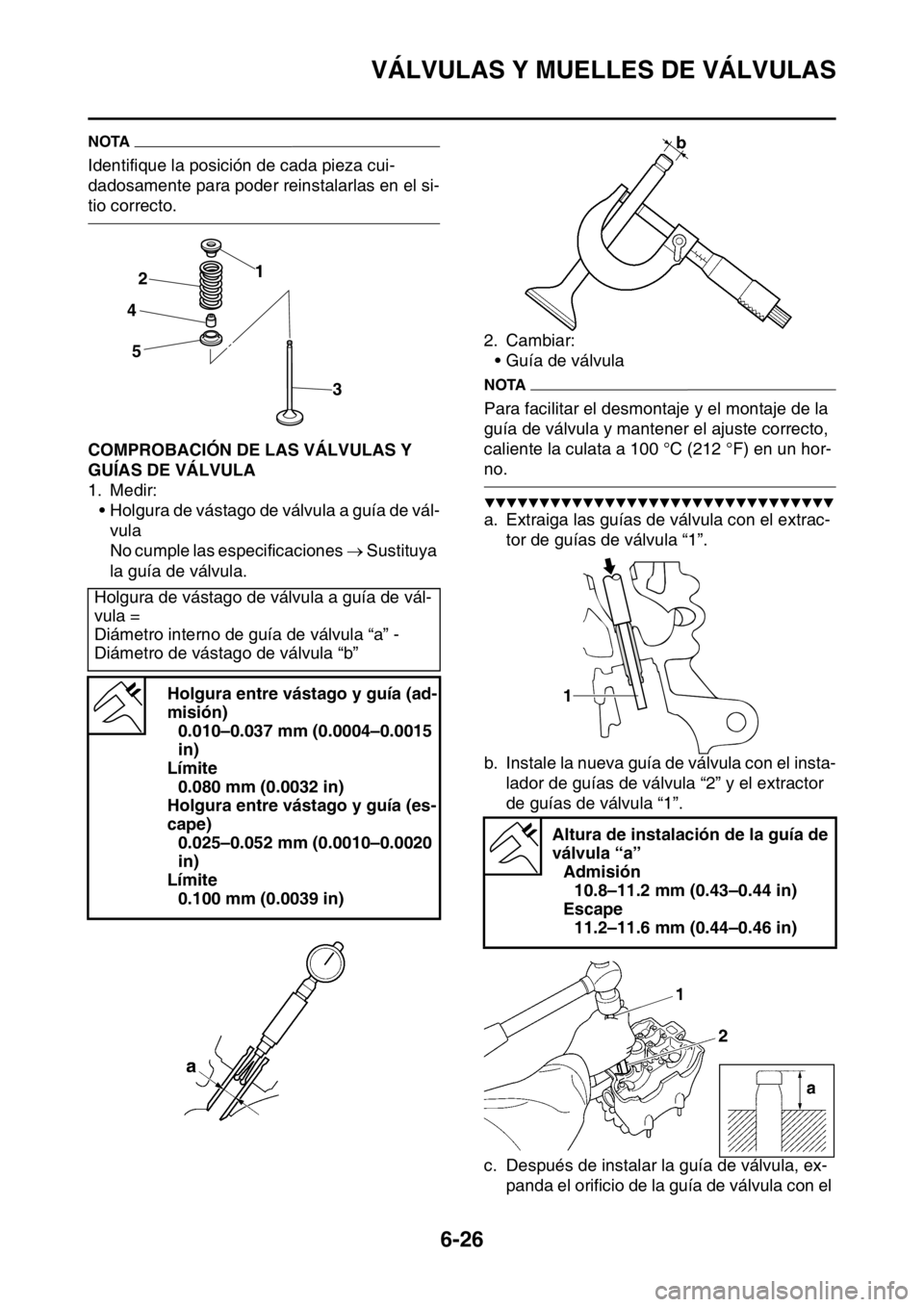 YAMAHA WR 250F 2015 Manuale de Empleo (in Spanish) VÁLVULAS Y MUELLES DE VÁLVULAS
6-26
NOTA
Identifique la posición de cada pieza cui-
dadosamente para poder reinstalarlas en el si-
tio correcto.
SAS2GB3253COMPROBACIÓN DE LAS VÁLVULAS Y
GUÍAS D YAMAHA WR 250F 2015 Manuale de Empleo (in Spanish) VÁLVULAS Y MUELLES DE VÁLVULAS
6-26
NOTA
Identifique la posición de cada pieza cui-
dadosamente para poder reinstalarlas en el si-
tio correcto.
SAS2GB3253COMPROBACIÓN DE LAS VÁLVULAS Y
GUÍAS D