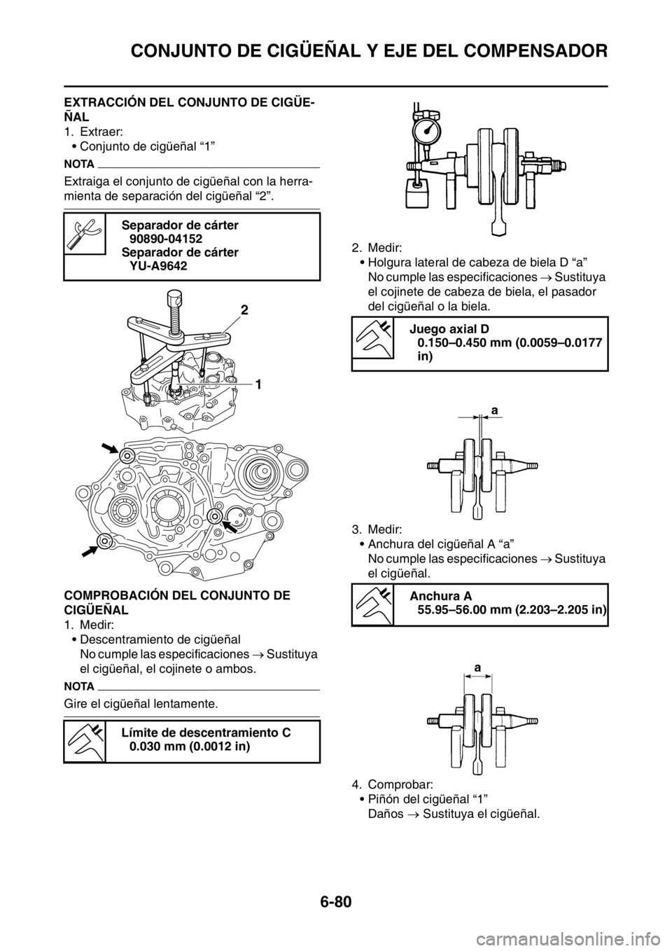 YAMAHA WR 250F 2015 Manuale de Empleo (in Spanish) CONJUNTO DE CIGÜEÑAL Y EJE DEL COMPENSADOR
6-80
SAS2GB3320EXTRACCIÓN DEL CONJUNTO DE CIGÜE-
ÑAL
1. Extraer:
• Conjunto de cigüeñal “1”
NOTA
Extraiga el conjunto de cigüeñal con la herra YAMAHA WR 250F 2015 Manuale de Empleo (in Spanish) CONJUNTO DE CIGÜEÑAL Y EJE DEL COMPENSADOR
6-80
SAS2GB3320EXTRACCIÓN DEL CONJUNTO DE CIGÜE-
ÑAL
1. Extraer:
• Conjunto de cigüeñal “1”
NOTA
Extraiga el conjunto de cigüeñal con la herra