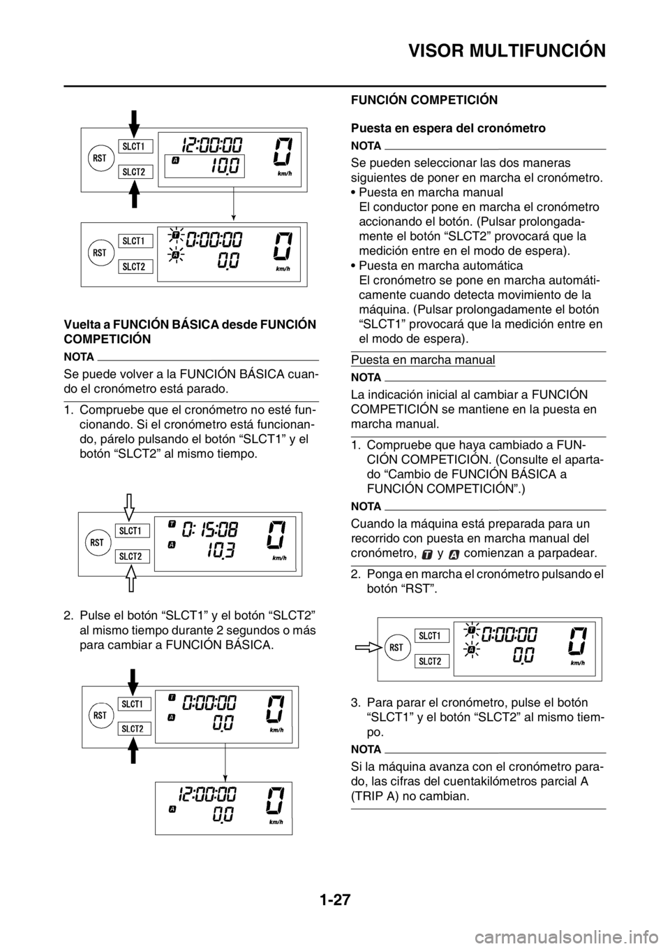 YAMAHA WR 250F 2015 Manuale de Empleo (in Spanish) VISOR MULTIFUNCIÓN
1-27
Vuelta a FUNCIÓN BÁSICA desde FUNCIÓN
COMPETICIÓN
NOTA
Se puede volver a la FUNCIÓN BÁSICA cuan-
do el cronómetro está parado.
1. Compruebe que el cronómetro no est YAMAHA WR 250F 2015 Manuale de Empleo (in Spanish) VISOR MULTIFUNCIÓN
1-27
Vuelta a FUNCIÓN BÁSICA desde FUNCIÓN
COMPETICIÓN
NOTA
Se puede volver a la FUNCIÓN BÁSICA cuan-
do el cronómetro está parado.
1. Compruebe que el cronómetro no est
