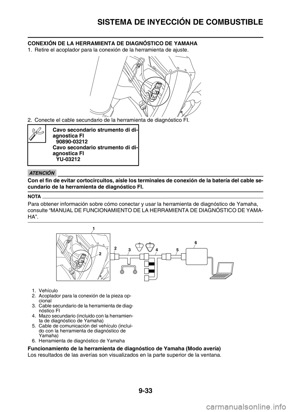 YAMAHA WR 250F 2015 Manuale de Empleo (in Spanish) SISTEMA DE INYECCIÓN DE COMBUSTIBLE
9-33
CONEXIÓN DE LA HERRAMIENTA DE DIAGNÓSTICO DE YAMAHA
1. Retire el acoplador para la conexión de la herramienta de ajuste.
2. Conecte el cable secundario de YAMAHA WR 250F 2015 Manuale de Empleo (in Spanish) SISTEMA DE INYECCIÓN DE COMBUSTIBLE
9-33
CONEXIÓN DE LA HERRAMIENTA DE DIAGNÓSTICO DE YAMAHA
1. Retire el acoplador para la conexión de la herramienta de ajuste.
2. Conecte el cable secundario de