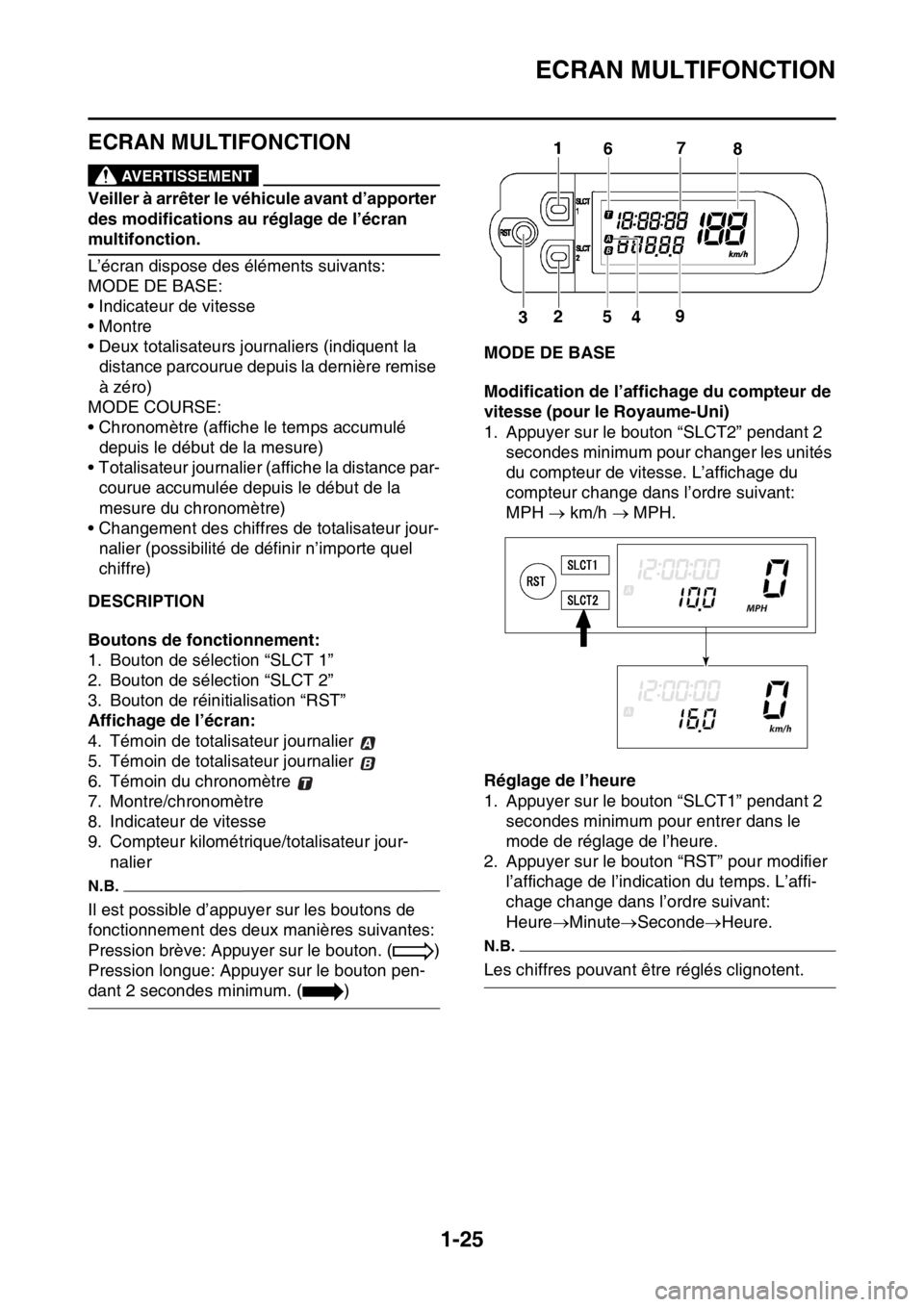 YAMAHA WR 250F 2015 Notices Demploi (in French) ECRAN MULTIFONCTION
1-25
FAS2GB2044
ECRAN MULTIFONCTIONEWA
AVERTISSEMENT
Veiller à arrêter le véhicule avant d’apporter
des modifications au réglage de l’écran
multifonction.
L’écran dis YAMAHA WR 250F 2015 Notices Demploi (in French) ECRAN MULTIFONCTION
1-25
FAS2GB2044
ECRAN MULTIFONCTIONEWA
AVERTISSEMENT
Veiller à arrêter le véhicule avant d’apporter
des modifications au réglage de l’écran
multifonction.
L’écran dis