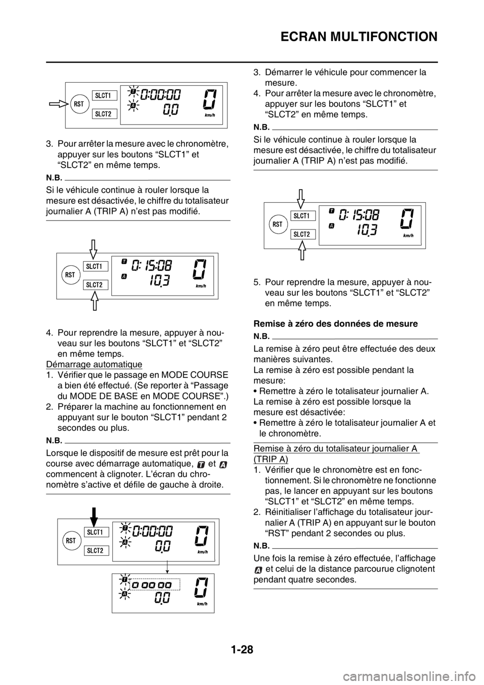 YAMAHA WR 250F 2015 Notices Demploi (in French) ECRAN MULTIFONCTION
1-28
3. Pour arrêter la mesure avec le chronomètre,
appuyer sur les boutons “SLCT1” et
“SLCT2” en même temps.
N.B.
Si le véhicule continue à rouler lorsque la
mesur YAMAHA WR 250F 2015 Notices Demploi (in French) ECRAN MULTIFONCTION
1-28
3. Pour arrêter la mesure avec le chronomètre,
appuyer sur les boutons “SLCT1” et
“SLCT2” en même temps.
N.B.
Si le véhicule continue à rouler lorsque la
mesur