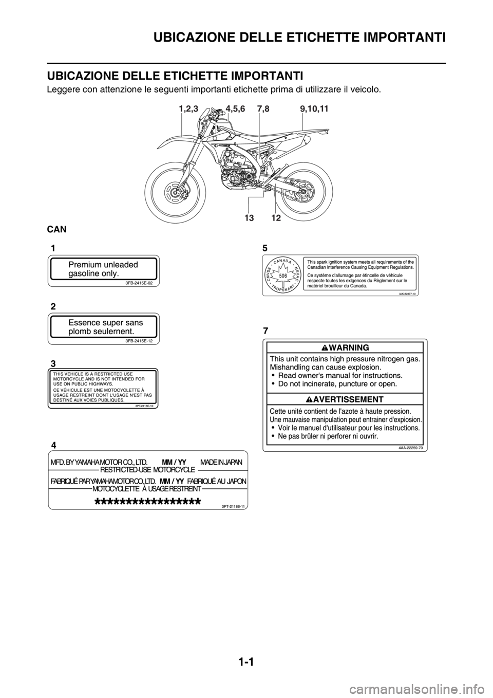 YAMAHA WR 250F 2015 Manuale duso (in Italian) UBICAZIONE DELLE ETICHETTE IMPORTANTI
1-1
HAS2GB3008
UBICAZIONE DELLE ETICHETTE IMPORTANTI
Leggere con attenzione le seguenti importanti etichette prima di utilizzare il veicolo.
CAN
9,10,11 7,8
13
12 YAMAHA WR 250F 2015 Manuale duso (in Italian) UBICAZIONE DELLE ETICHETTE IMPORTANTI
1-1
HAS2GB3008
UBICAZIONE DELLE ETICHETTE IMPORTANTI
Leggere con attenzione le seguenti importanti etichette prima di utilizzare il veicolo.
CAN
9,10,11 7,8
13
12