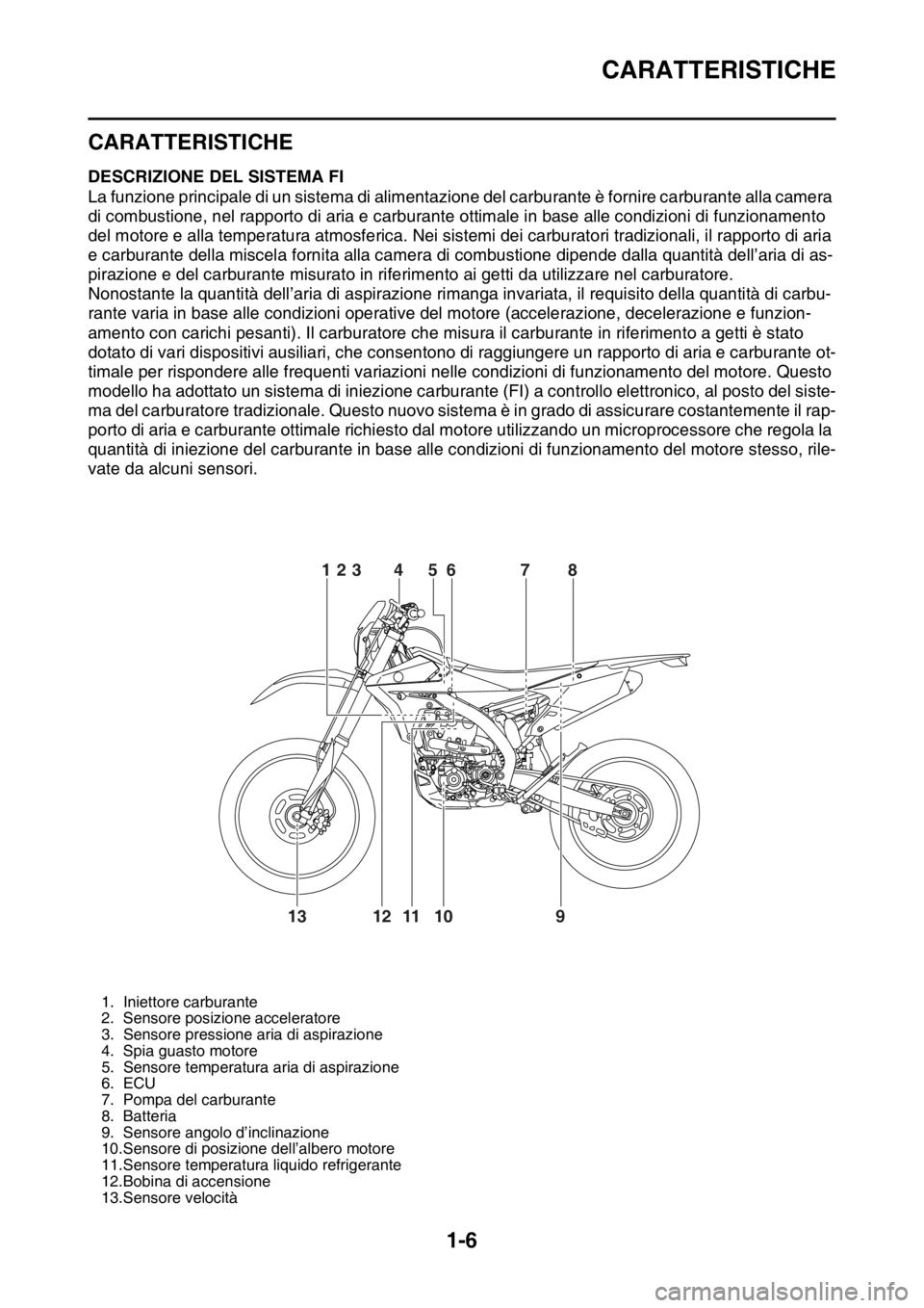 YAMAHA WR 250F 2015 Manuale duso (in Italian) CARATTERISTICHE
1-6
HAS20170
CARATTERISTICHE
HAS2GB3014DESCRIZIONE DEL SISTEMA FI
La funzione principale di un sistema di alimentazione del carburante è fornire carburante alla camera
di combustione YAMAHA WR 250F 2015 Manuale duso (in Italian) CARATTERISTICHE
1-6
HAS20170
CARATTERISTICHE
HAS2GB3014DESCRIZIONE DEL SISTEMA FI
La funzione principale di un sistema di alimentazione del carburante è fornire carburante alla camera
di combustione