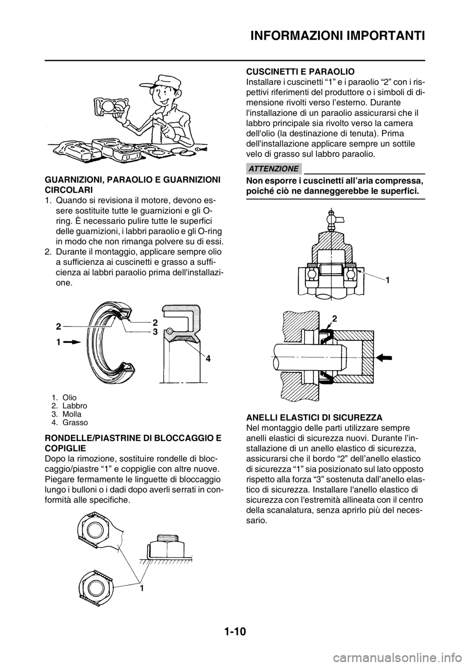 YAMAHA WR 250F 2015 Manuale duso (in Italian) INFORMAZIONI IMPORTANTI
1-10
HAS2GB3024GUARNIZIONI, PARAOLIO E GUARNIZIONI
CIRCOLARI
1. Quando si revisiona il motore, devono es-
sere sostituite tutte le guarnizioni e gli O-
ring. È necessario pul YAMAHA WR 250F 2015 Manuale duso (in Italian) INFORMAZIONI IMPORTANTI
1-10
HAS2GB3024GUARNIZIONI, PARAOLIO E GUARNIZIONI
CIRCOLARI
1. Quando si revisiona il motore, devono es-
sere sostituite tutte le guarnizioni e gli O-
ring. È necessario pul