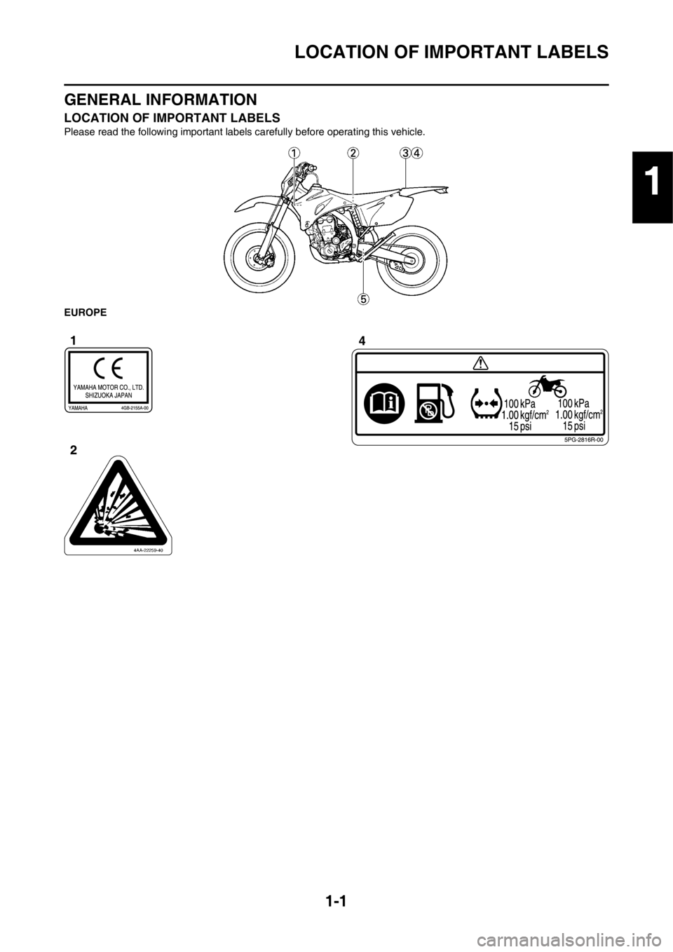 YAMAHA WR 250F 2014 User Guide 1-1
LOCATION OF IMPORTANT LABELS
GENERAL INFORMATION
LOCATION OF IMPORTANT LABELS
Please read the following important labels carefully before operating this vehicle.
EUROPE
1 YAMAHA WR 250F 2014 User Guide 1-1
LOCATION OF IMPORTANT LABELS
GENERAL INFORMATION
LOCATION OF IMPORTANT LABELS
Please read the following important labels carefully before operating this vehicle.
EUROPE
1