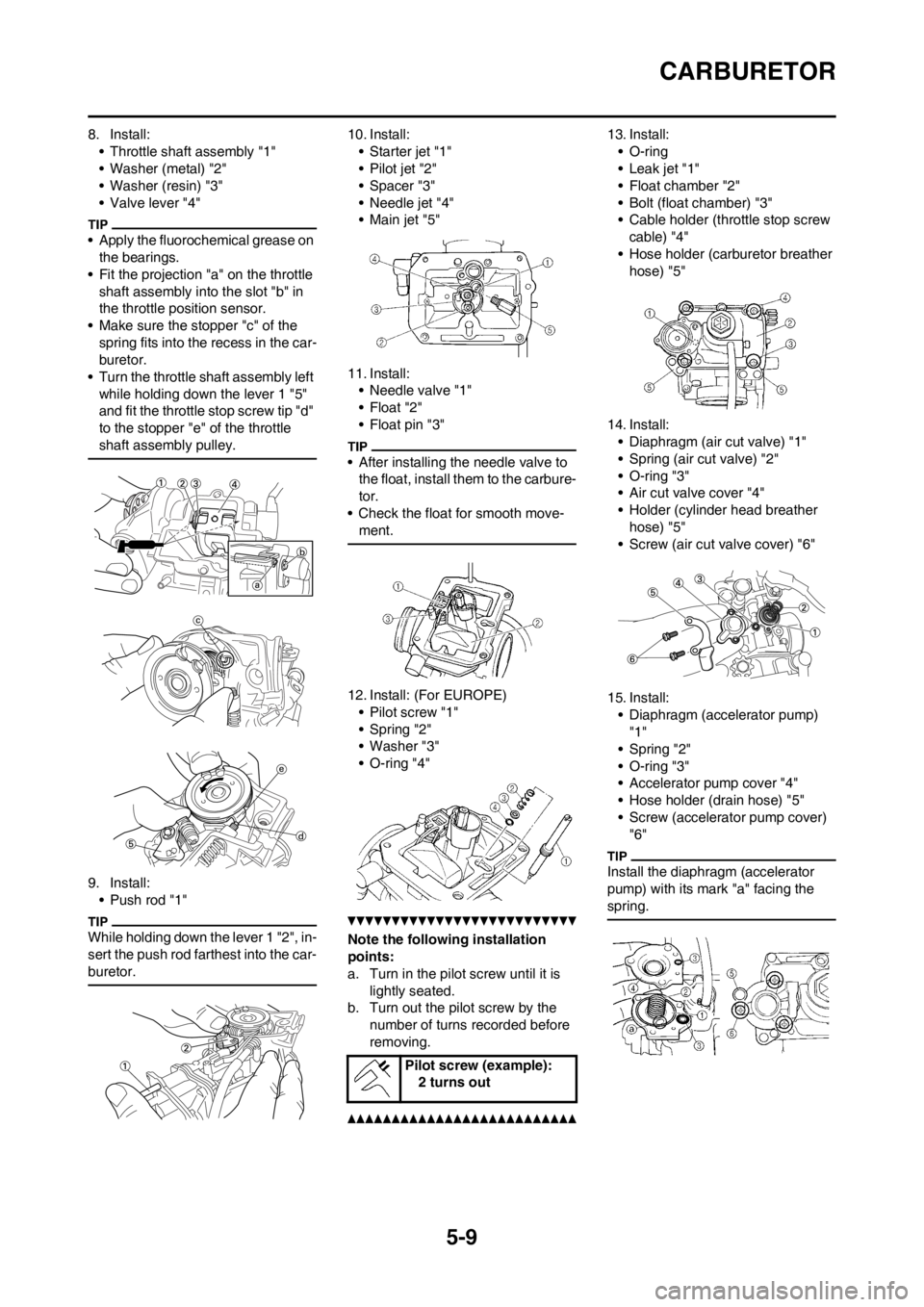 YAMAHA WR 250F 2014 User Guide 5-9
CARBURETOR
8. Install:
• Throttle shaft assembly "1"
• Washer (metal) "2"
• Washer (resin) "3"
• Valve lever "4"
• Apply the fluorochemical grease on
the bearings.
• Fit the projectio YAMAHA WR 250F 2014 User Guide 5-9
CARBURETOR
8. Install:
• Throttle shaft assembly "1"
• Washer (metal) "2"
• Washer (resin) "3"
• Valve lever "4"
• Apply the fluorochemical grease on
the bearings.
• Fit the projectio