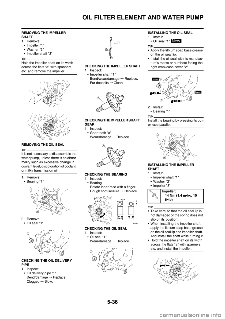 YAMAHA WR 250F 2014 User Guide 5-36
OIL FILTER ELEMENT AND WATER PUMP
REMOVING THE IMPELLER 
SHAFT
1. Remove:
• Impeller "1"
• Washer "2"
• Impeller shaft "3"
Hold the impeller shaft on its width 
across the flats "a" with sp