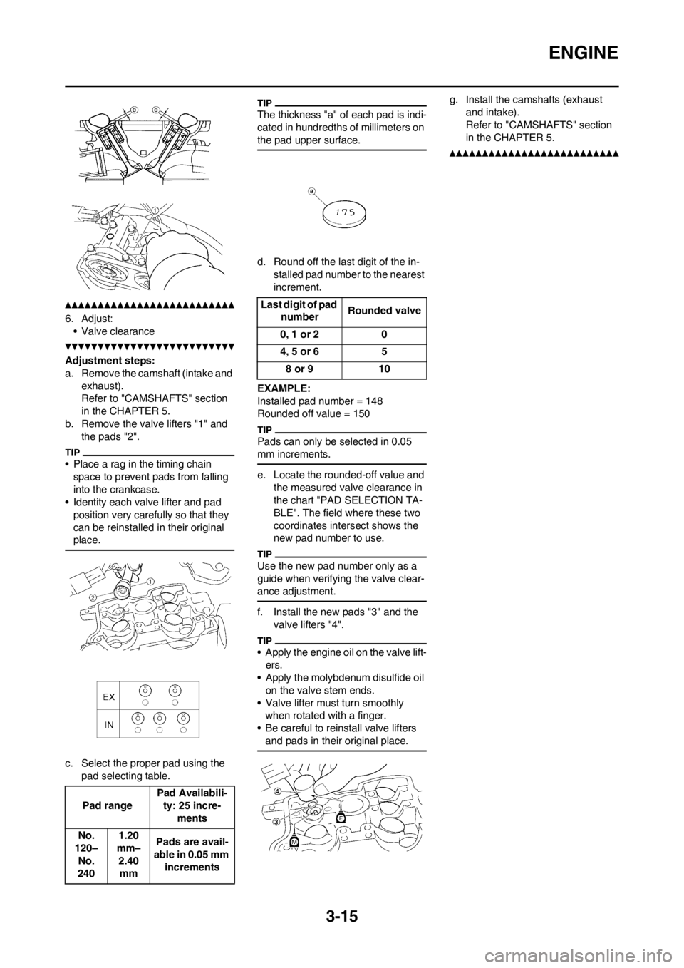 YAMAHA WR 250F 2014 Manual PDF 3-15
ENGINE
6. Adjust:
• Valve clearance
Adjustment steps:
a. Remove the camshaft (intake and 
exhaust).
Refer to "CAMSHAFTS" section 
in the CHAPTER 5.
b. Remove the valve lifters "1" and 
the pads