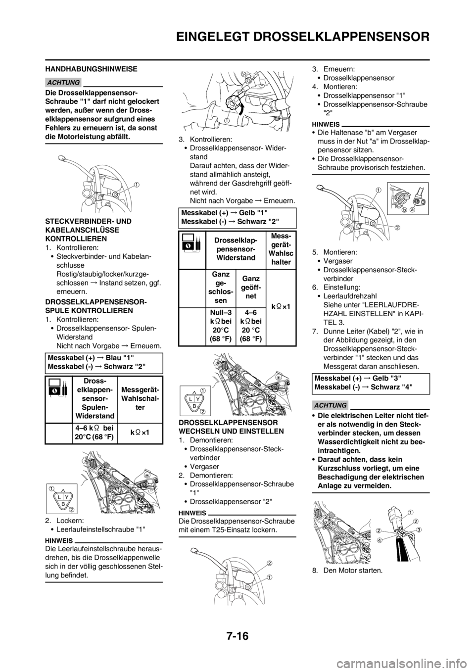 YAMAHA WR 250F 2014  Betriebsanleitungen (in German) 7-16
EINGELEGT DROSSELKLAPPENSENSOR
HANDHABUNGSHINWEISE
Die Drosselklappensensor-
Schraube "1" darf nicht gelockert 
werden, außer wenn der Dross-
elklappensensor aufgrund eines 
Fehlers zu erneuern 