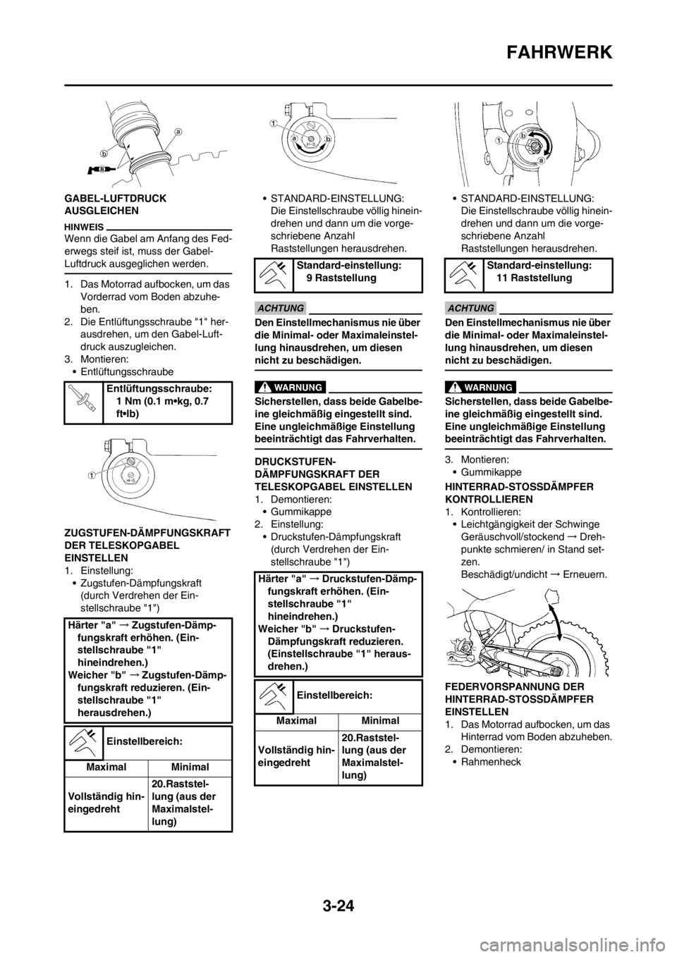 YAMAHA WR 250F 2014 Betriebsanleitungen (in German) 3-24
FAHRWERK
GABEL-LUFTDRUCK
AUSGLEICHEN
Wenn die Gabel am Anfang des Fed-
erwegs steif ist, muss der Gabel-
Luftdruck ausgeglichen werden.
1. Das Motorrad aufbocken, um das
Vorderrad vom Boden ab YAMAHA WR 250F 2014 Betriebsanleitungen (in German) 3-24
FAHRWERK
GABEL-LUFTDRUCK
AUSGLEICHEN
Wenn die Gabel am Anfang des Fed-
erwegs steif ist, muss der Gabel-
Luftdruck ausgeglichen werden.
1. Das Motorrad aufbocken, um das
Vorderrad vom Boden ab