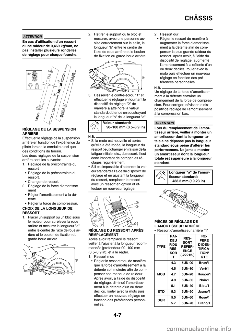 YAMAHA WR 250F 2014  Notices Demploi (in French) 4-7
CHÂSSIS
En cas dutilisation dun ressort 
dune raideur de 0,469 kg/mm, ne 
pas installer plusieurs rondelles 
de réglage pour chaque fourche.
RÉGLAGE DE LA SUSPENSION 
ARRIÈRE
Effectuer le r