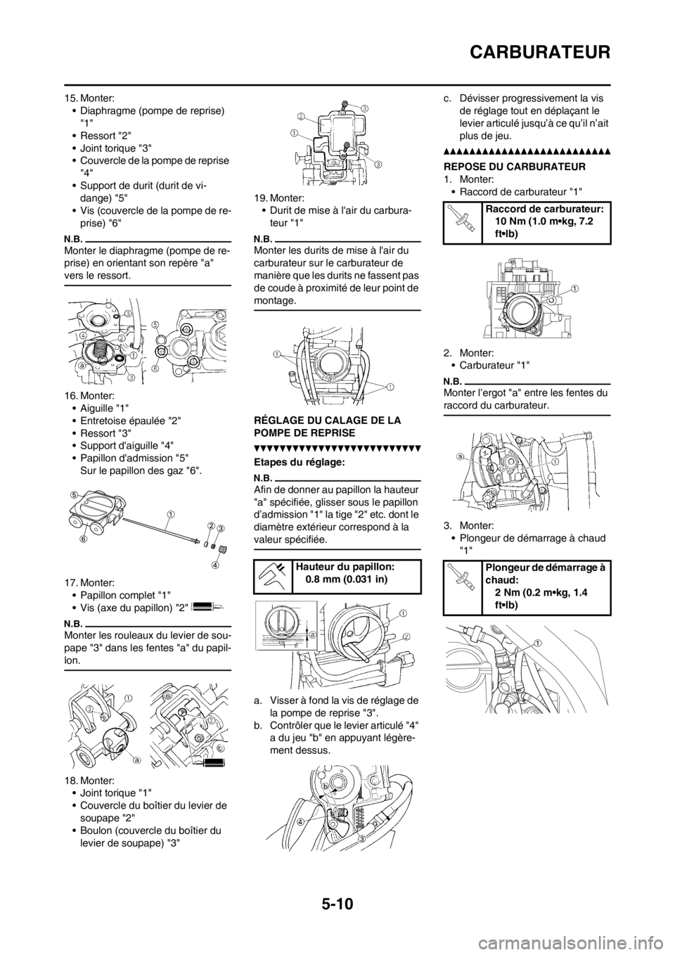 YAMAHA WR 250F 2014  Notices Demploi (in French) 5-10
CARBURATEUR
15. Monter:
• Diaphragme (pompe de reprise) 
"1"
• Ressort "2"
• Joint torique "3"
• Couvercle de la pompe de reprise 
"4"
• Support de durit (durit de vi-
dange) "5"
• Vi