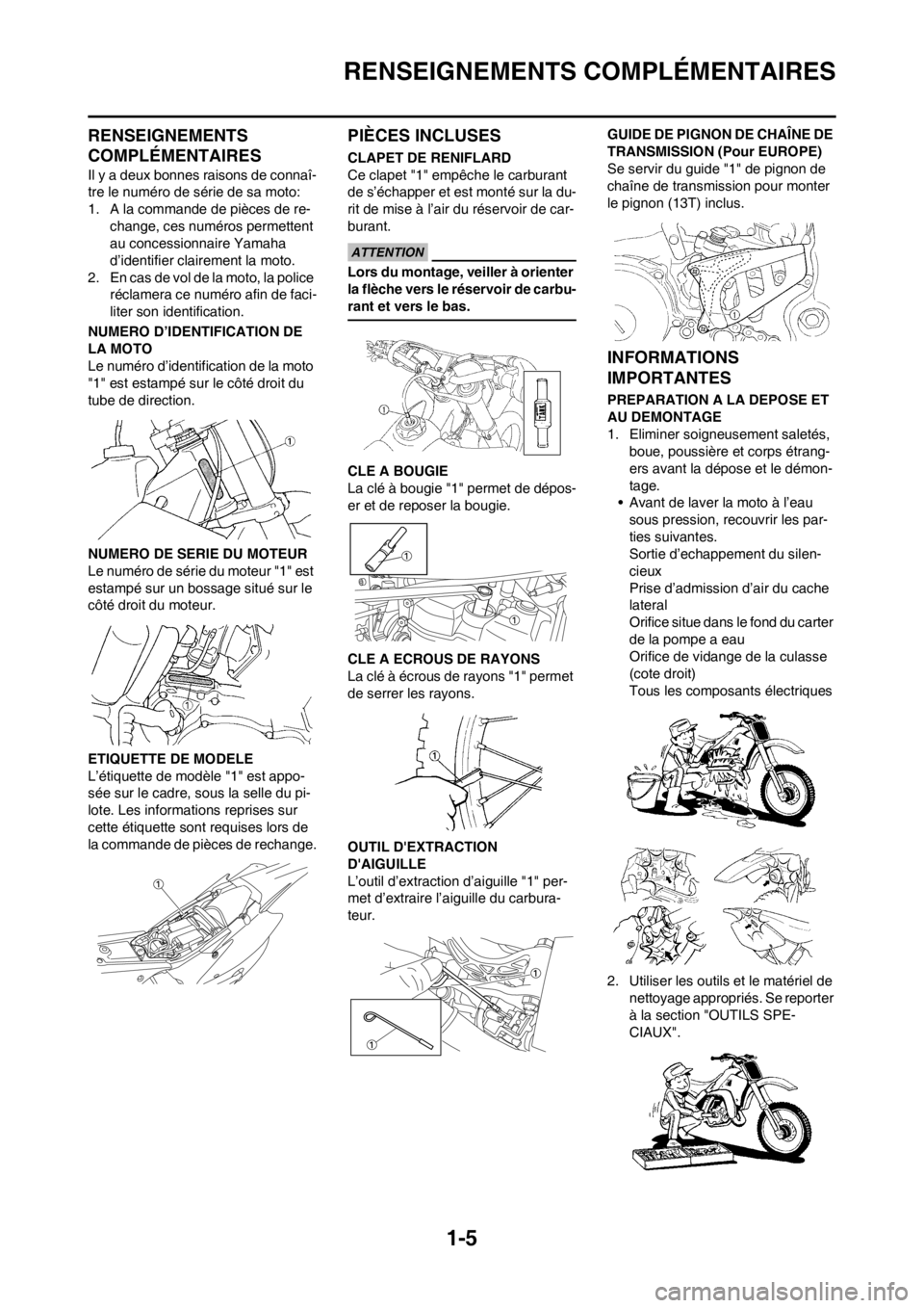 YAMAHA WR 250F 2014 Notices Demploi (in French) 1-5
RENSEIGNEMENTS COMPLÉMENTAIRES
RENSEIGNEMENTS
COMPLÉMENTAIRES
Il y a deux bonnes raisons de connaî-
tre le numéro de série de sa moto:
1. A la commande de pièces de re-
change, ces numéros YAMAHA WR 250F 2014 Notices Demploi (in French) 1-5
RENSEIGNEMENTS COMPLÉMENTAIRES
RENSEIGNEMENTS
COMPLÉMENTAIRES
Il y a deux bonnes raisons de connaî-
tre le numéro de série de sa moto:
1. A la commande de pièces de re-
change, ces numéros