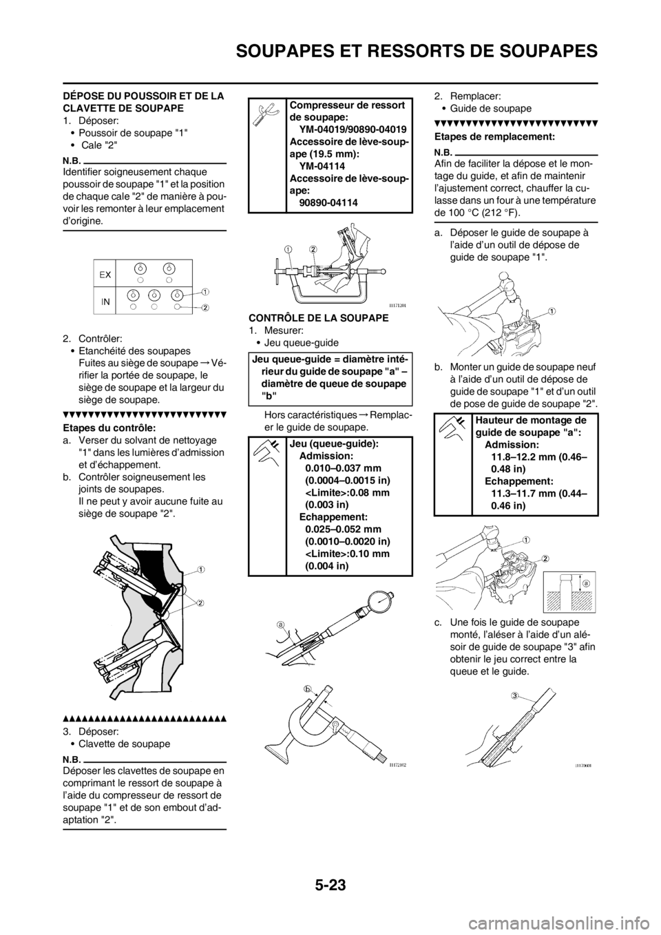 YAMAHA WR 250F 2014 Notices Demploi (in French) 5-23
SOUPAPES ET RESSORTS DE SOUPAPES
DÉPOSE DU POUSSOIR ET DE LA
CLAVETTE DE SOUPAPE
1. Déposer:
• Poussoir de soupape "1"
• Cale "2"
Identifier soigneusement chaque
poussoir de soupape "1" YAMAHA WR 250F 2014 Notices Demploi (in French) 5-23
SOUPAPES ET RESSORTS DE SOUPAPES
DÉPOSE DU POUSSOIR ET DE LA
CLAVETTE DE SOUPAPE
1. Déposer:
• Poussoir de soupape "1"
• Cale "2"
Identifier soigneusement chaque
poussoir de soupape "1"