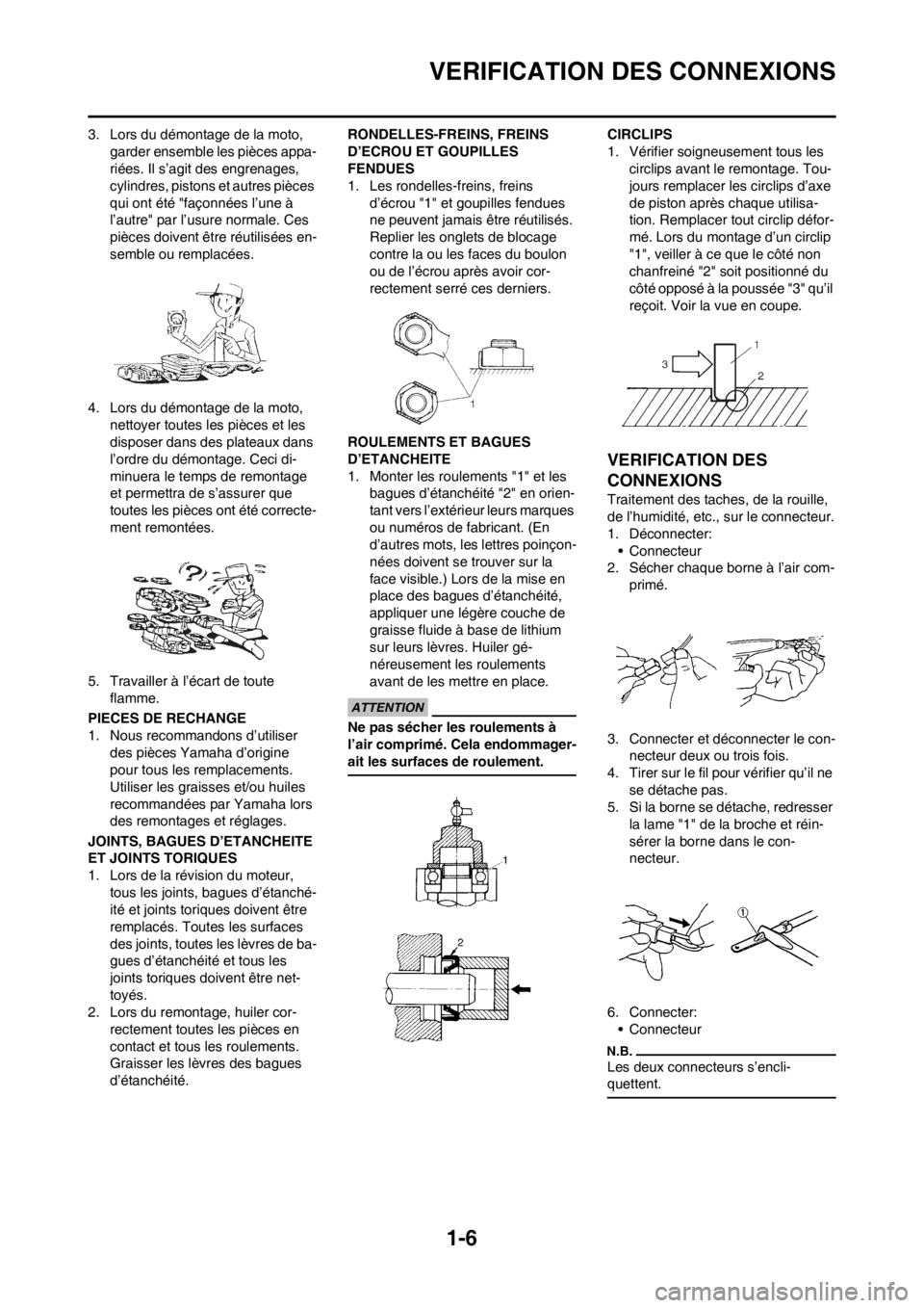 YAMAHA WR 250F 2014  Notices Demploi (in French) 1-6
VERIFICATION DES CONNEXIONS
3. Lors du démontage de la moto, 
garder ensemble les pièces appa-
riées. Il s’agit des engrenages, 
cylindres, pistons et autres pièces 
qui ont été "façonné