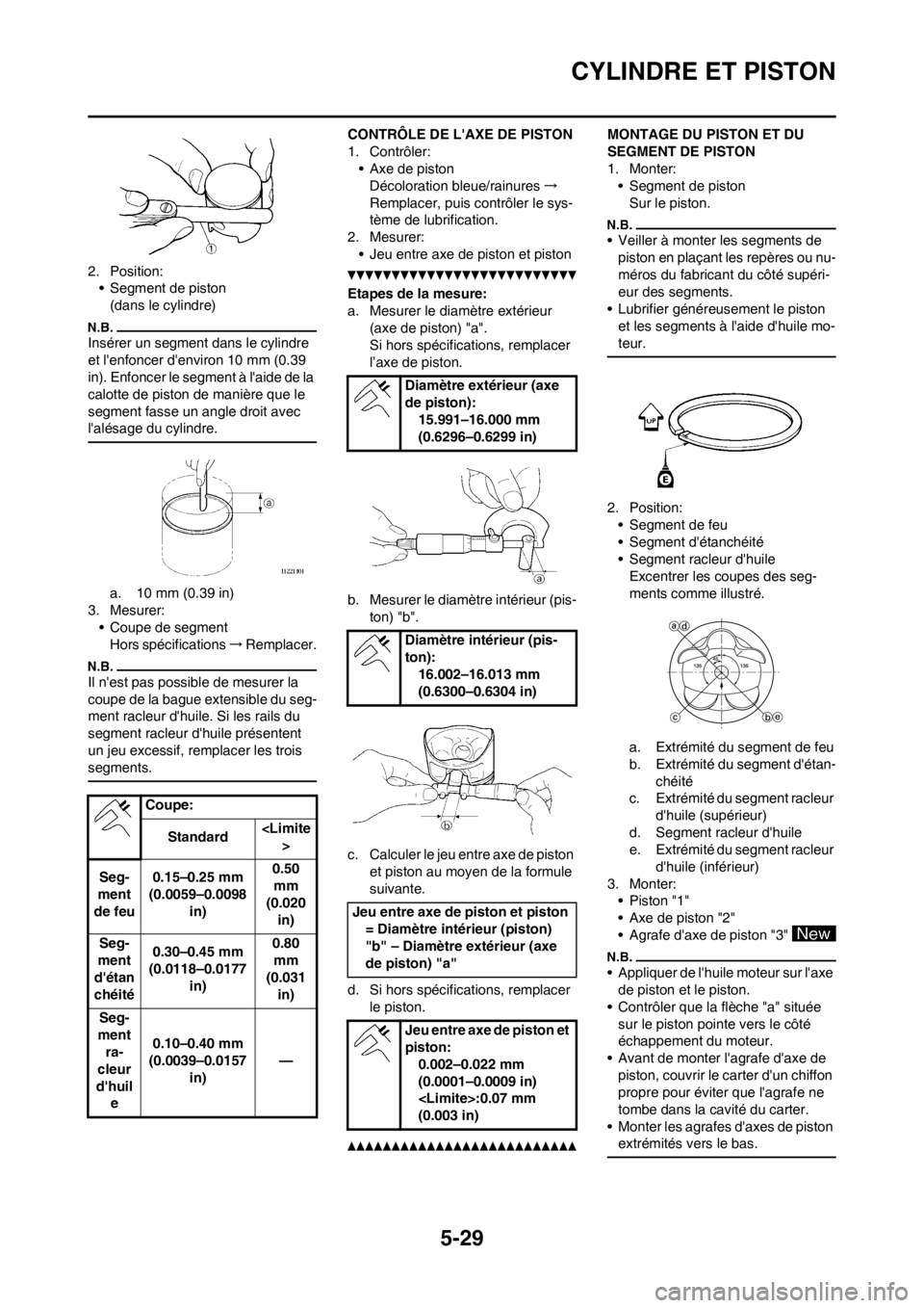 YAMAHA WR 250F 2014 Notices Demploi (in French) 5-29
CYLINDRE ET PISTON
2. Position:
• Segment de piston
(dans le cylindre)
Insérer un segment dans le cylindre
et lenfoncer denviron 10 mm (0.39
in). Enfoncer le segment Ă laide de la
calot YAMAHA WR 250F 2014 Notices Demploi (in French) 5-29
CYLINDRE ET PISTON
2. Position:
• Segment de piston
(dans le cylindre)
Insérer un segment dans le cylindre
et lenfoncer denviron 10 mm (0.39
in). Enfoncer le segment Ă laide de la
calot