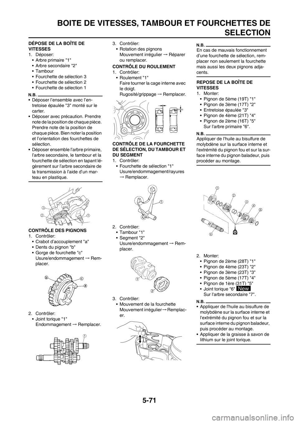 YAMAHA WR 250F 2014 Notices Demploi (in French) 5-71
BOITE DE VITESSES, TAMBOUR ET FOURCHETTES DE
SELECTION
DÉPOSE DE LA BOÎTE DE
VITESSES
1. Déposer:
• Arbre primaire "1"
• Arbre secondaire "2"
• Tambour
• Fourchette de sélection 3
†YAMAHA WR 250F 2014 Notices Demploi (in French) 5-71
BOITE DE VITESSES, TAMBOUR ET FOURCHETTES DE
SELECTION
DÉPOSE DE LA BOÎTE DE
VITESSES
1. Déposer:
• Arbre primaire "1"
• Arbre secondaire "2"
• Tambour
• Fourchette de sélection 3
â€