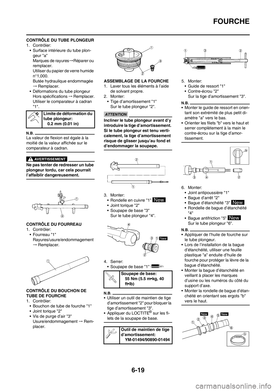 YAMAHA WR 250F 2014 Notices Demploi (in French) 6-19
FOURCHE
CONTRÔLE DU TUBE PLONGEUR
1. Contrôler:
• Surface intérieure du tube plon-
geur "a"
Marques de rayures→Réparer ou
remplacer.
Utiliser du papier de verre humide
n°1,000.
Butée YAMAHA WR 250F 2014 Notices Demploi (in French) 6-19
FOURCHE
CONTRÔLE DU TUBE PLONGEUR
1. Contrôler:
• Surface intérieure du tube plon-
geur "a"
Marques de rayures→Réparer ou
remplacer.
Utiliser du papier de verre humide
n°1,000.
Butée