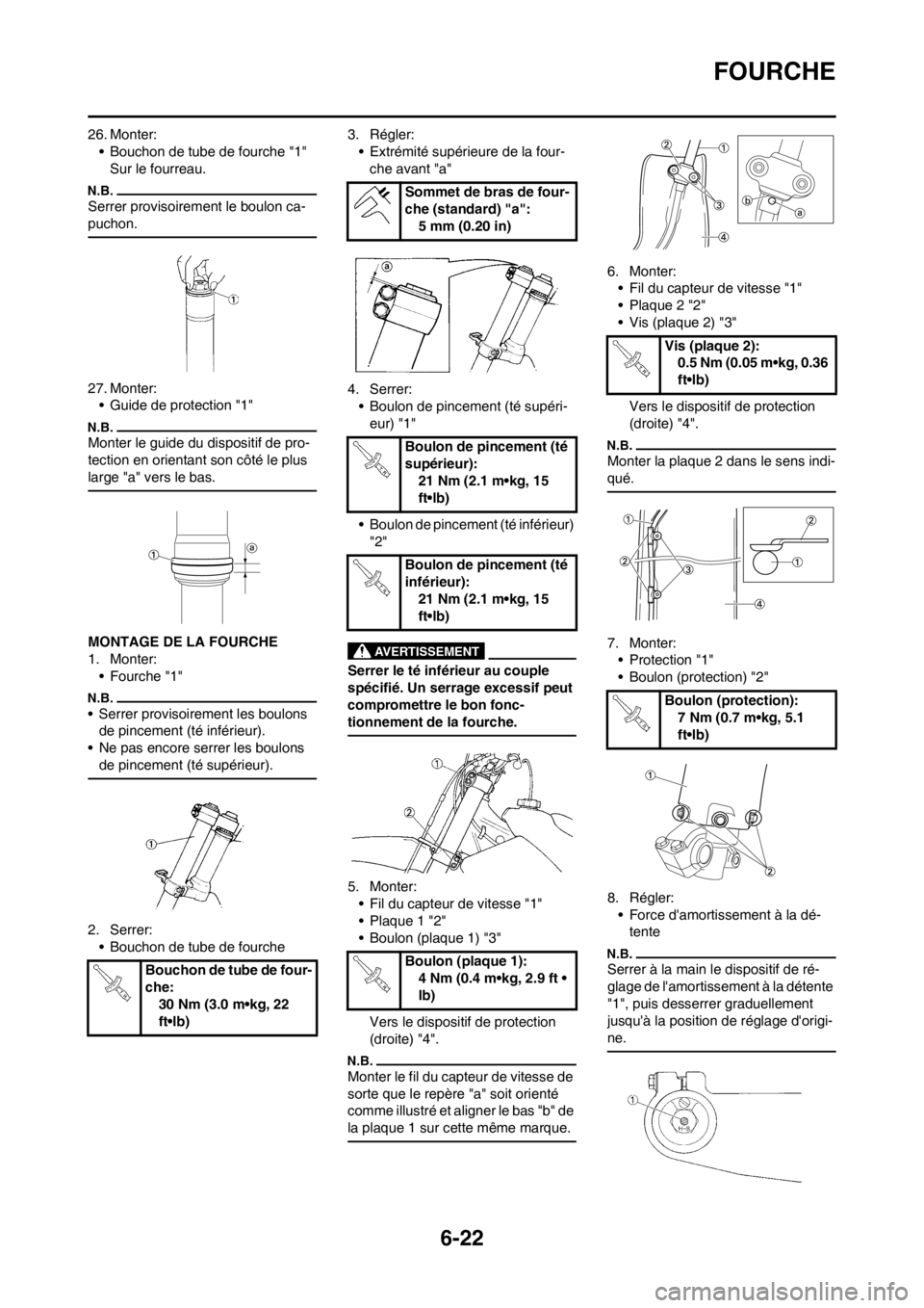 YAMAHA WR 250F 2014 Notices Demploi (in French) 6-22
FOURCHE
26. Monter:
• Bouchon de tube de fourche "1"
Sur le fourreau.
Serrer provisoirement le boulon ca-
puchon.
27. Monter:
• Guide de protection "1"
Monter le guide du dispositif de pro-
YAMAHA WR 250F 2014 Notices Demploi (in French) 6-22
FOURCHE
26. Monter:
• Bouchon de tube de fourche "1"
Sur le fourreau.
Serrer provisoirement le boulon ca-
puchon.
27. Monter:
• Guide de protection "1"
Monter le guide du dispositif de pro-