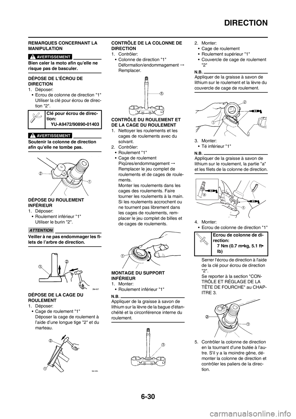 YAMAHA WR 250F 2014 Notices Demploi (in French) 6-30
DIRECTION
REMARQUES CONCERNANT LA
MANIPULATION
Bien caler la moto afin qu’elle ne
risque pas de basculer.
DÉPOSE DE LÉCROU DE
DIRECTION
1. Déposer:
• Ecrou de colonne de direction "1"
YAMAHA WR 250F 2014 Notices Demploi (in French) 6-30
DIRECTION
REMARQUES CONCERNANT LA
MANIPULATION
Bien caler la moto afin qu’elle ne
risque pas de basculer.
DÉPOSE DE LÉCROU DE
DIRECTION
1. Déposer:
• Ecrou de colonne de direction "1"