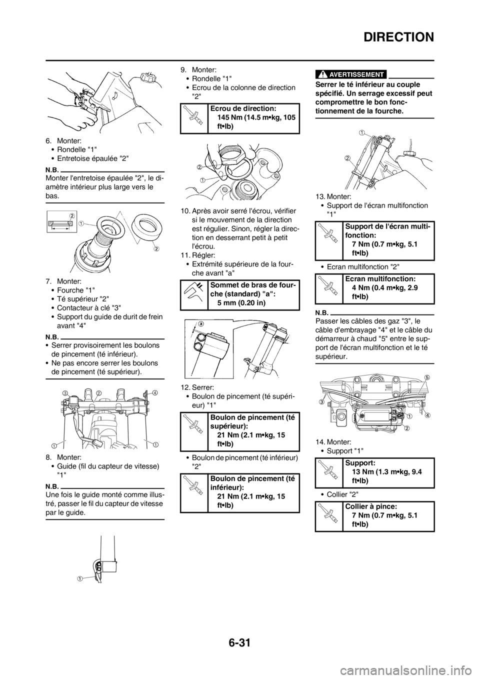 YAMAHA WR 250F 2014 Notices Demploi (in French) 6-31
DIRECTION
6. Monter:
• Rondelle "1"
• Entretoise épaulée "2"
Monter lentretoise épaulée "2", le di-
amètre intérieur plus large vers le
bas.
7. Monter:
• Fourche "1"
• Té supéri YAMAHA WR 250F 2014 Notices Demploi (in French) 6-31
DIRECTION
6. Monter:
• Rondelle "1"
• Entretoise épaulée "2"
Monter lentretoise épaulée "2", le di-
amètre intérieur plus large vers le
bas.
7. Monter:
• Fourche "1"
• Té supéri