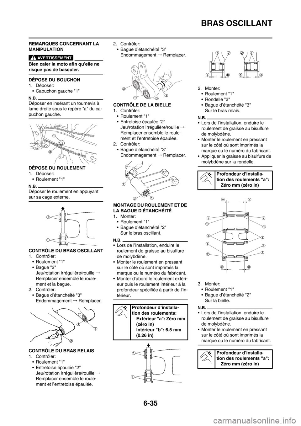 YAMAHA WR 250F 2014 Notices Demploi (in French) 6-35
BRAS OSCILLANT
REMARQUES CONCERNANT LA
MANIPULATION
Bien caler la moto afin qu’elle ne
risque pas de basculer.
DÉPOSE DU BOUCHON
1. Déposer:
• Capuchon gauche "1"
Déposer en insérant un YAMAHA WR 250F 2014 Notices Demploi (in French) 6-35
BRAS OSCILLANT
REMARQUES CONCERNANT LA
MANIPULATION
Bien caler la moto afin qu’elle ne
risque pas de basculer.
DÉPOSE DU BOUCHON
1. Déposer:
• Capuchon gauche "1"
Déposer en insérant un
