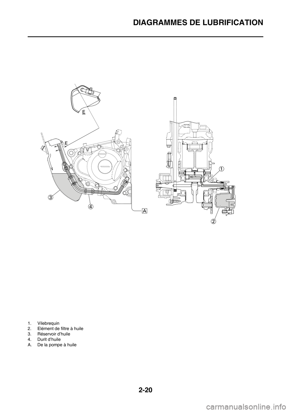 YAMAHA WR 250F 2014 Notices Demploi (in French) 2-20
DIAGRAMMES DE LUBRIFICATION
1. Vilebrequin
2. Elément de filtre à huile
3. Réservoir d’huile
4. Durit d’huile
A. De la pompe à huile YAMAHA WR 250F 2014 Notices Demploi (in French) 2-20
DIAGRAMMES DE LUBRIFICATION
1. Vilebrequin
2. Elément de filtre à huile
3. Réservoir d’huile
4. Durit d’huile
A. De la pompe à huile