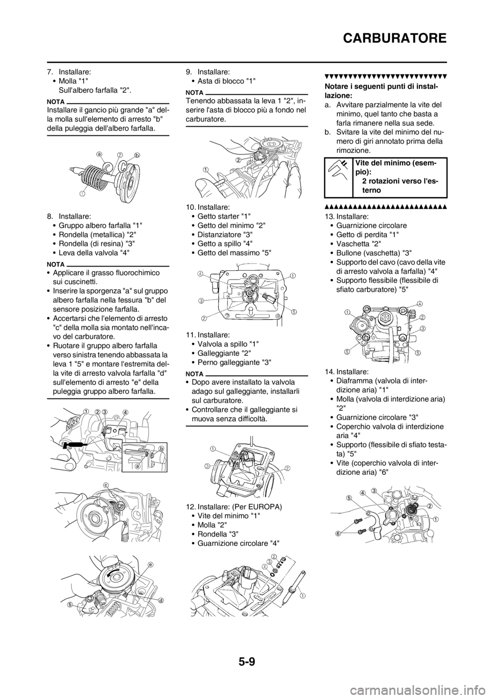 YAMAHA WR 250F 2014  Manuale duso (in Italian) 5-9
CARBURATORE
7. Installare:
•Molla "1"
Sullalbero farfalla "2".
Installare il gancio più grande "a" del-
la molla sullelemento di arresto "b" 
della puleggia dellalbero farfalla.
8. Installar