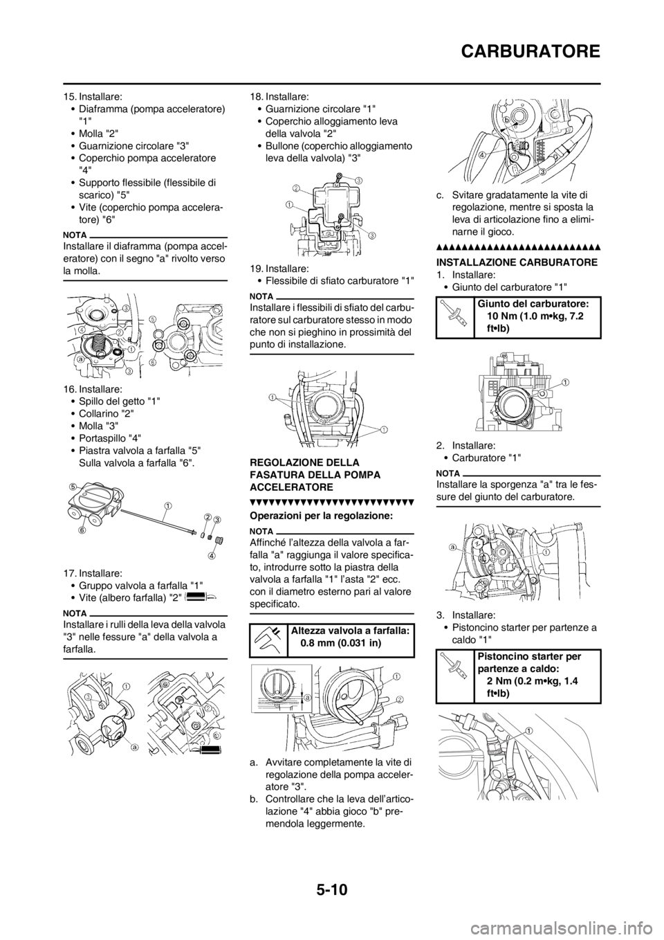 YAMAHA WR 250F 2014  Manuale duso (in Italian) 5-10
CARBURATORE
15. Installare:
• Diaframma (pompa acceleratore) 
"1"
•Molla "2"
• Guarnizione circolare "3"
• Coperchio pompa acceleratore 
"4"
• Supporto flessibile (flessibile di 
scaric