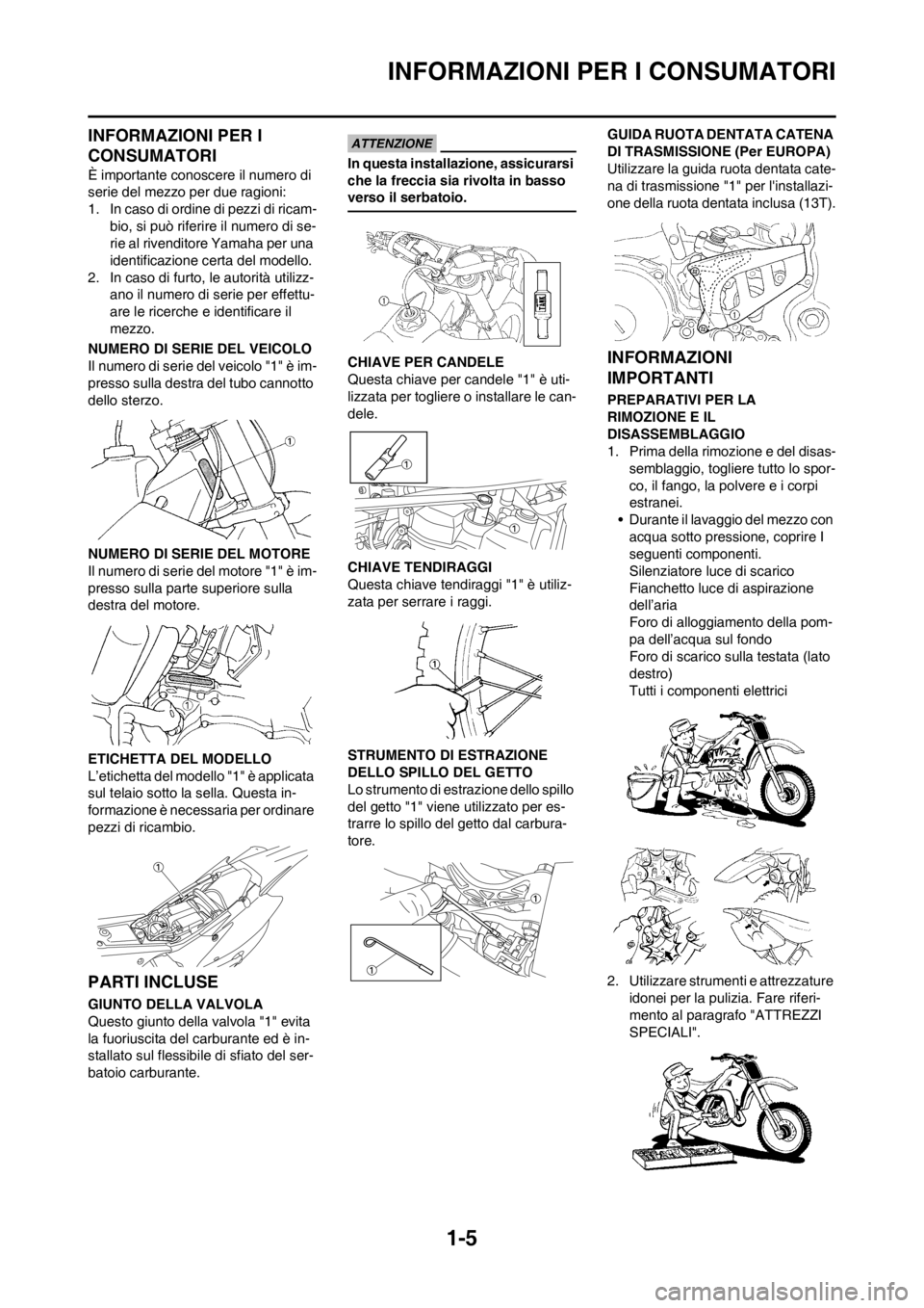 YAMAHA WR 250F 2014  Manuale duso (in Italian) 1-5
INFORMAZIONI PER I CONSUMATORI
INFORMAZIONI PER I 
CONSUMATORI
È importante conoscere il numero di 
serie del mezzo per due ragioni:
1. In caso di ordine di pezzi di ricam-
bio, si può riferire 