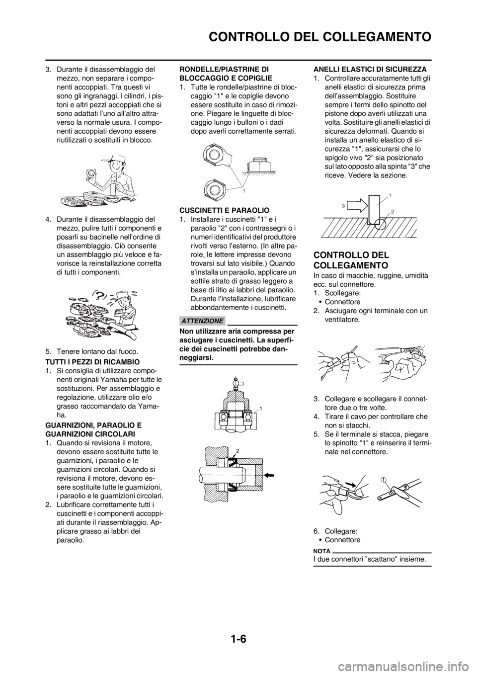 YAMAHA WR 250F 2014  Manuale duso (in Italian) 1-6
CONTROLLO DEL COLLEGAMENTO
3. Durante il disassemblaggio del 
mezzo, non separare i compo-
nenti accoppiati. Tra questi vi 
sono gli ingranaggi, i cilindri, i pis-
toni e altri pezzi accoppiati ch