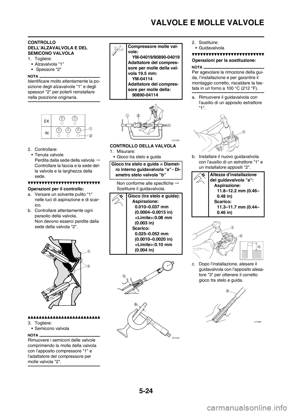 YAMAHA WR 250F 2014  Manuale duso (in Italian) 5-24
VALVOLE E MOLLE VALVOLE
CONTROLLO 
DELL’ALZAVALVOLA E DEL 
SEMICONO VALVOLA
1. Togliere:
• Alzavalvola "1"
•  Spessore "2"
Identificare molto attentamente la po-
sizione degli alzavalvole "