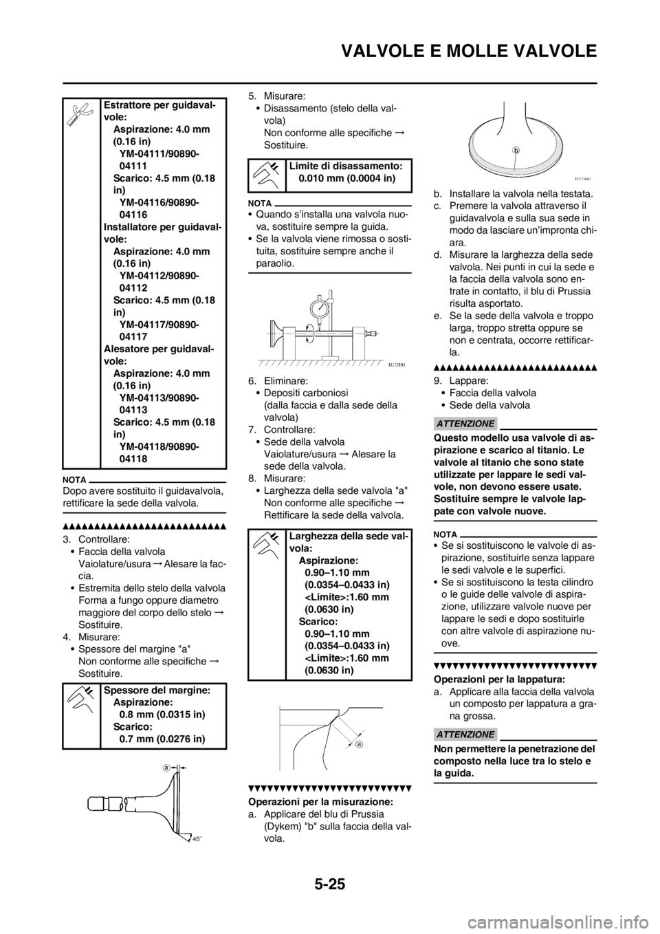 YAMAHA WR 250F 2014  Manuale duso (in Italian) 5-25
VALVOLE E MOLLE VALVOLE
Dopo avere sostituito il guidavalvola, 
rettificare la sede della valvola.
3. Controllare:
• Faccia della valvola
Vaiolature/usura→Alesare la fac-
cia.
• Estremita d
