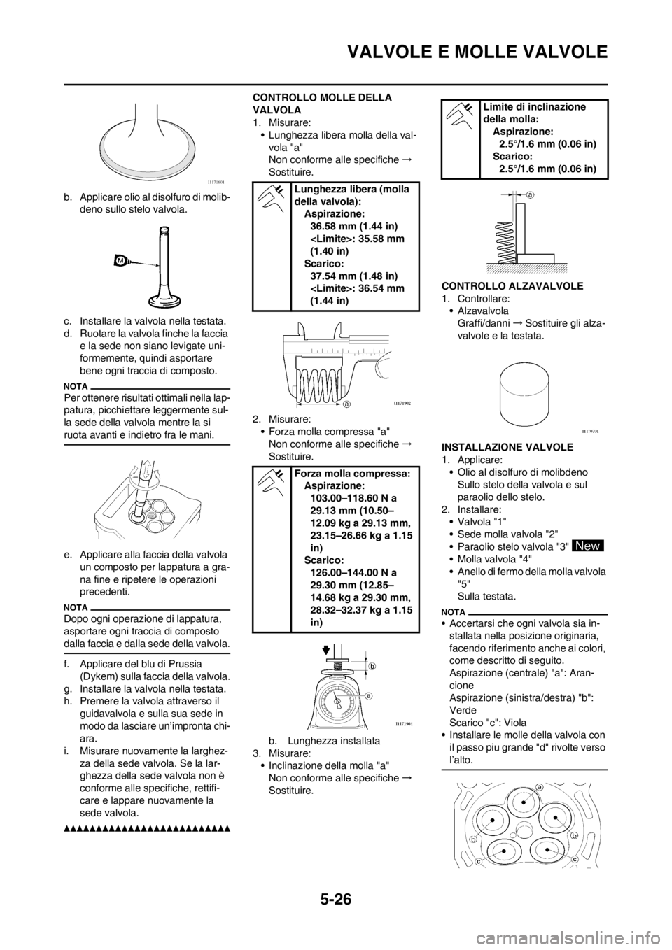 YAMAHA WR 250F 2014  Manuale duso (in Italian) 5-26
VALVOLE E MOLLE VALVOLE
b. Applicare olio al disolfuro di molib-
deno sullo stelo valvola.
c. Installare la valvola nella testata.
d. Ruotare la valvola finche la faccia 
e la sede non siano levi
