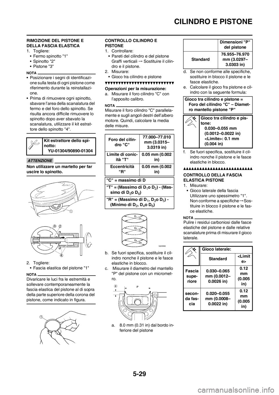YAMAHA WR 250F 2014  Manuale duso (in Italian) 5-29
CILINDRO E PISTONE
RIMOZIONE DEL PISTONE E 
DELLA FASCIA ELASTICA
1. Togliere:
• Fermo spinotto "1"
• Spinotto "2"
• Pistone "3"
• Posizionare i segni di identificazi-
one sulla testa di 