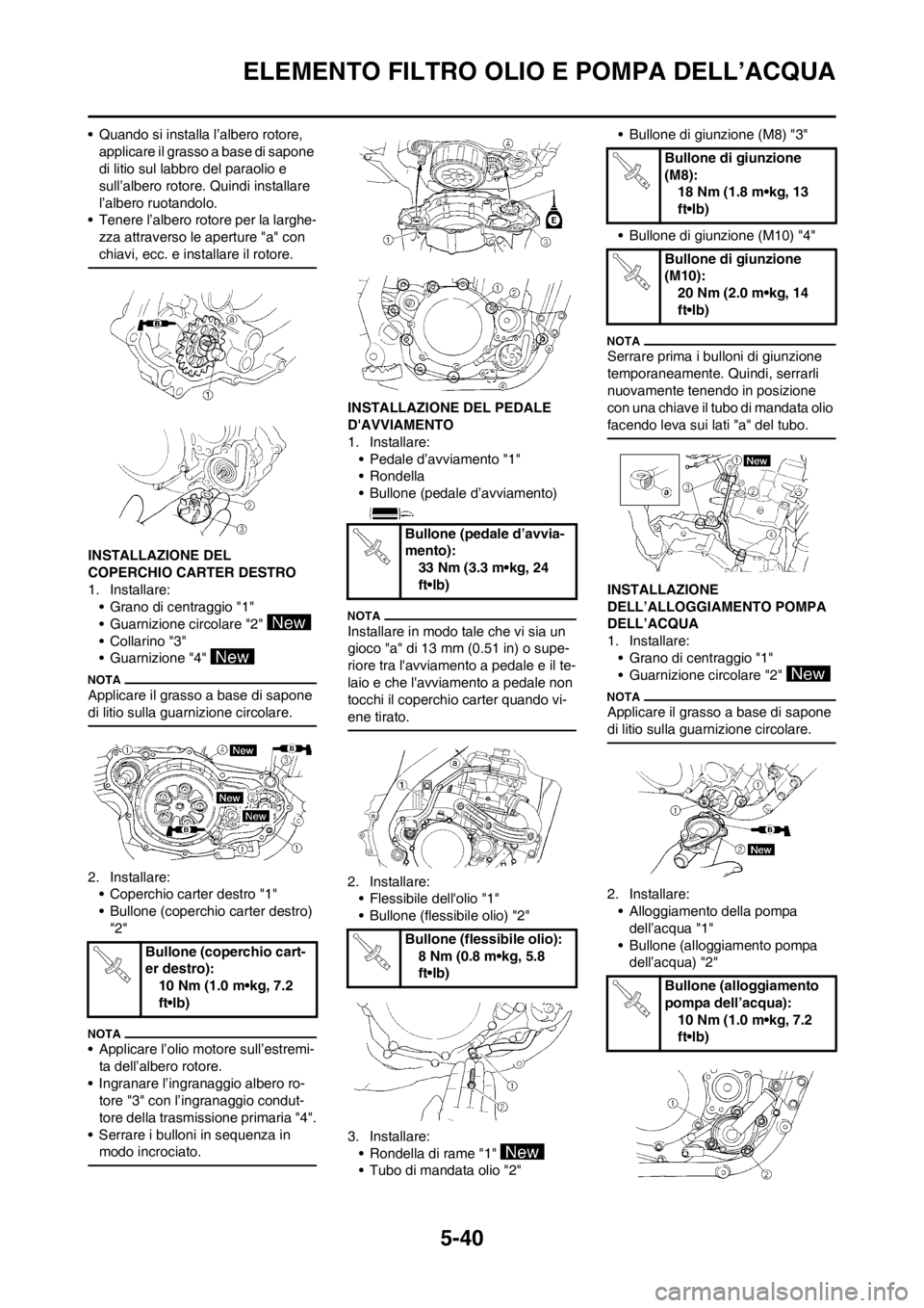 YAMAHA WR 250F 2014 Manuale duso (in Italian) 5-40
ELEMENTO FILTRO OLIO E POMPA DELL’ACQUA
• Quando si installa l’albero rotore,
applicare il grasso a base di sapone
di litio sul labbro del paraolio e
sull’albero rotore. Quindi install YAMAHA WR 250F 2014 Manuale duso (in Italian) 5-40
ELEMENTO FILTRO OLIO E POMPA DELL’ACQUA
• Quando si installa l’albero rotore,
applicare il grasso a base di sapone
di litio sul labbro del paraolio e
sull’albero rotore. Quindi install