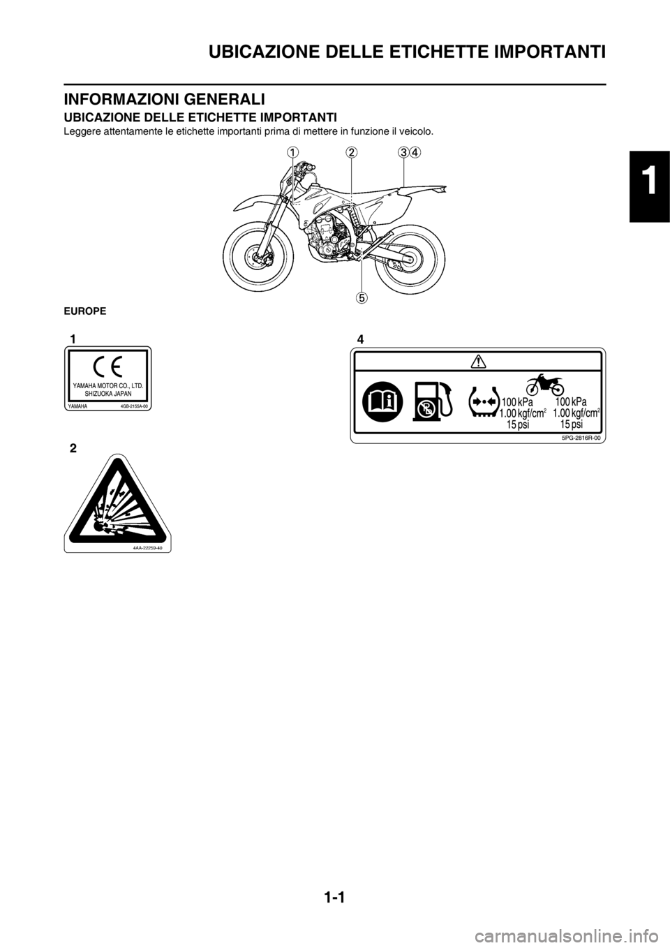 YAMAHA WR 250F 2014 Manuale duso (in Italian) 1-1
UBICAZIONE DELLE ETICHETTE IMPORTANTI
INFORMAZIONI GENERALI
UBICAZIONE DELLE ETICHETTE IMPORTANTI
Leggere attentamente le etichette importanti prima di mettere in funzione il veicolo.
EUROPE
1 YAMAHA WR 250F 2014 Manuale duso (in Italian) 1-1
UBICAZIONE DELLE ETICHETTE IMPORTANTI
INFORMAZIONI GENERALI
UBICAZIONE DELLE ETICHETTE IMPORTANTI
Leggere attentamente le etichette importanti prima di mettere in funzione il veicolo.
EUROPE
1