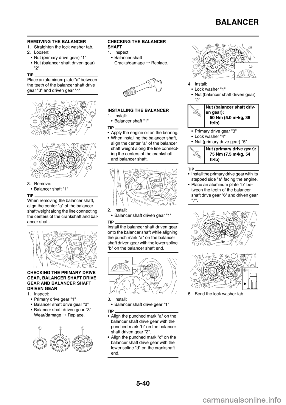 YAMAHA WR 250F 2013  Owners Manual 5-40
BALANCER
REMOVING THE BALANCER
1. Straighten the lock washer tab.
2. Loosen:
• Nut (primary drive gear) "1"
• Nut (balancer shaft driven gear) 
"2"
Place an aluminum plate "a" between 
the te