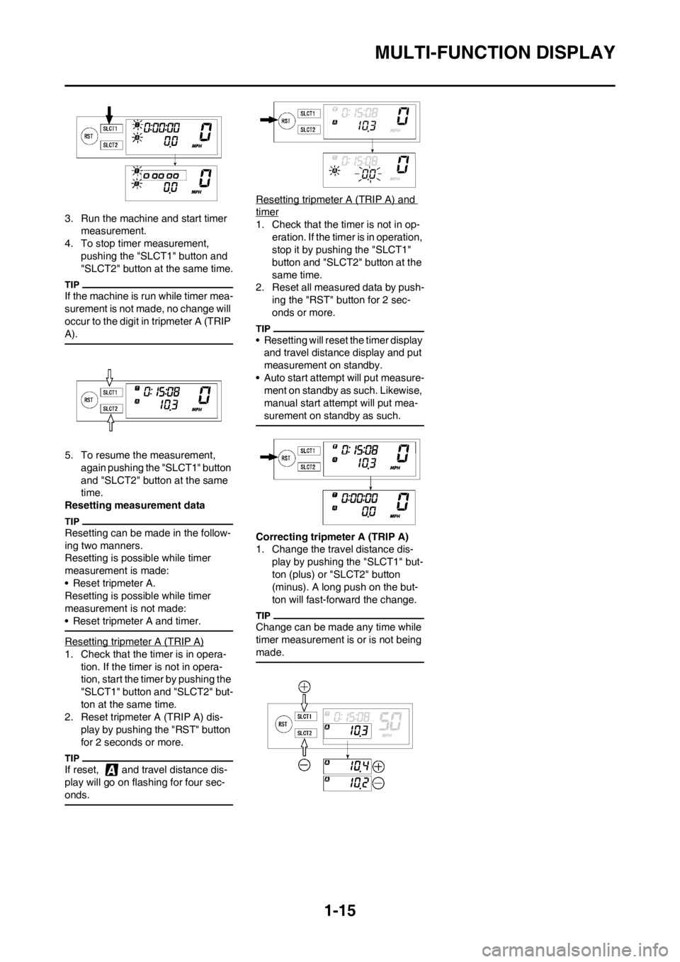 YAMAHA WR 250F 2013 Owners Manual 1-15
MULTI-FUNCTION DISPLAY
3. Run the machine and start timer
measurement.
4. To stop timer measurement,
pushing the "SLCT1" button and
"SLCT2" button at the same time.
If the machine is run while YAMAHA WR 250F 2013 Owners Manual 1-15
MULTI-FUNCTION DISPLAY
3. Run the machine and start timer
measurement.
4. To stop timer measurement,
pushing the "SLCT1" button and
"SLCT2" button at the same time.
If the machine is run while